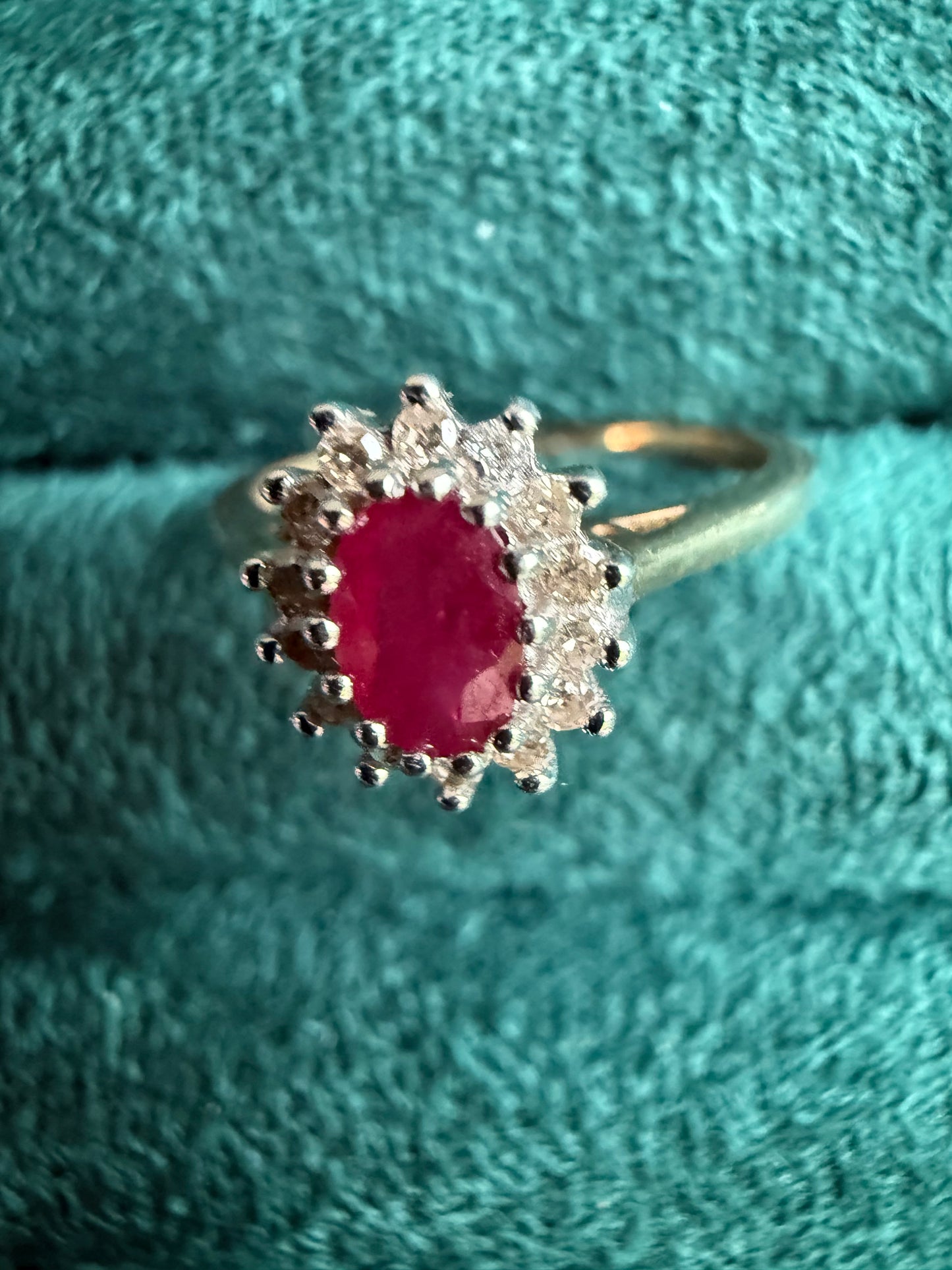 9ct gold ruby and diamond halo ring