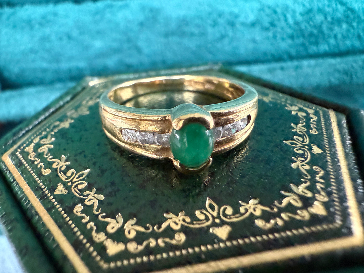 18ct gold cabochon emerald and diamond ring