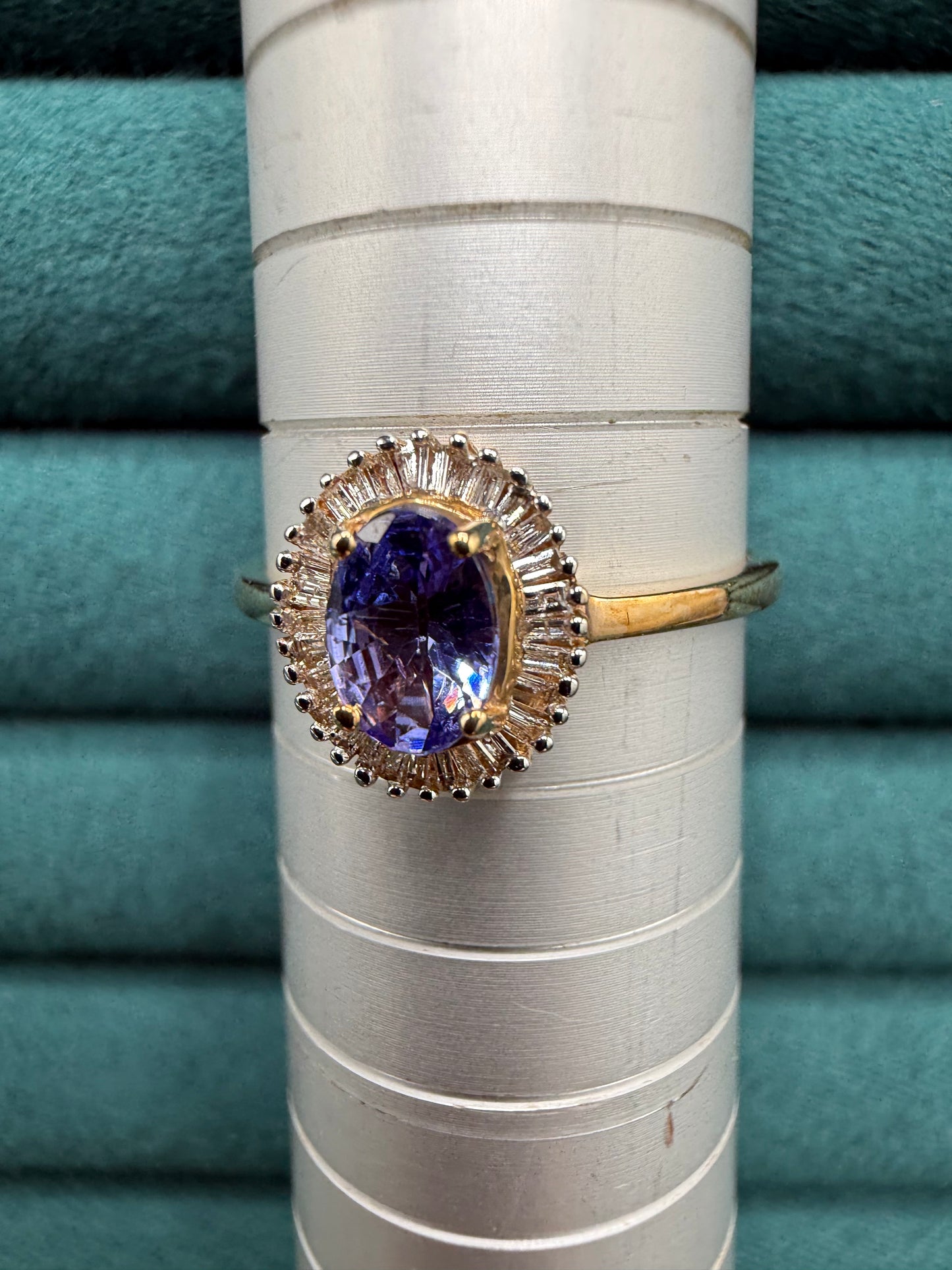 9ct gold tanzanite and baguette cut diamond ring
