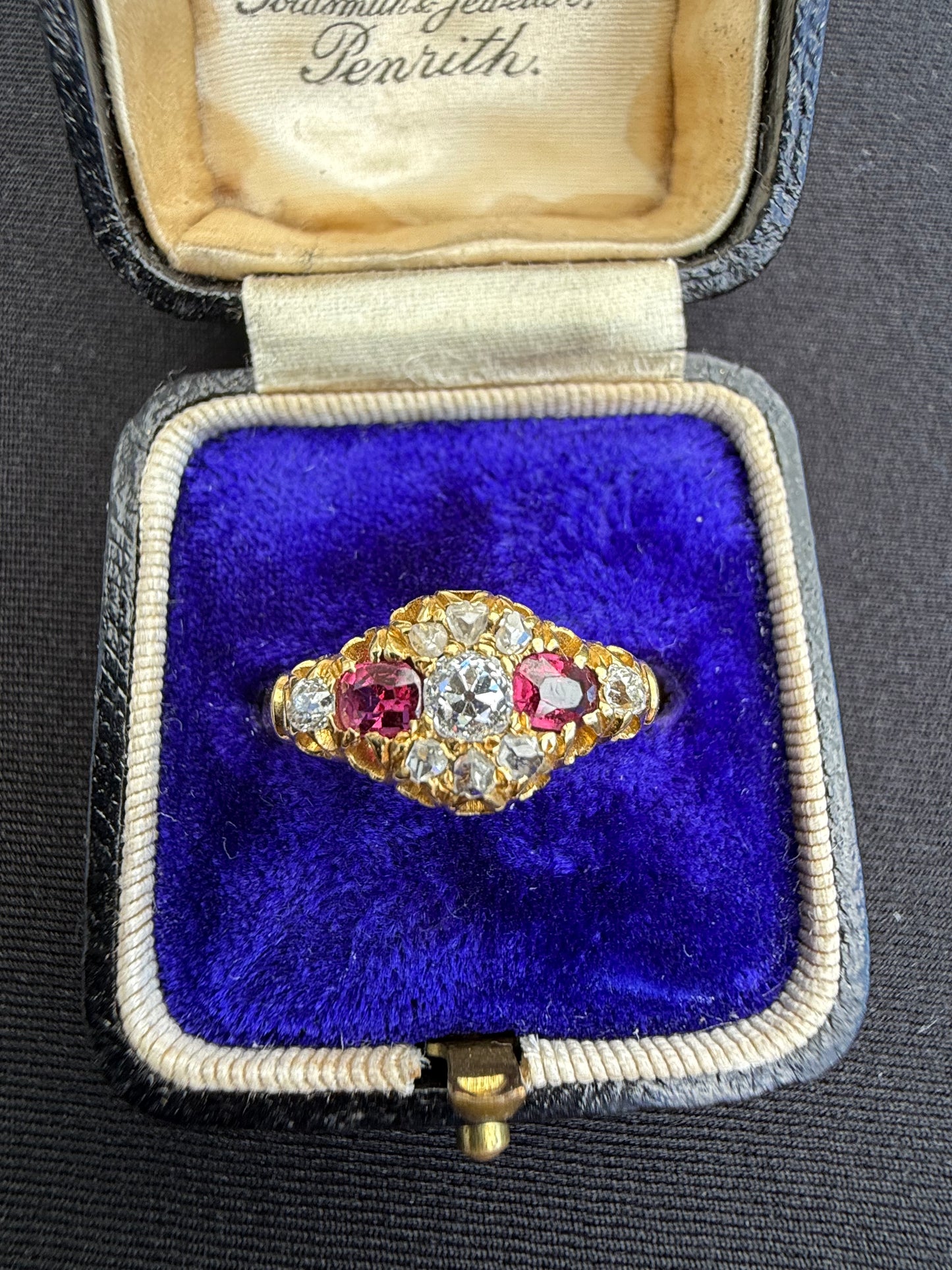 18ct gold antique ruby and old cut diamond boat ring