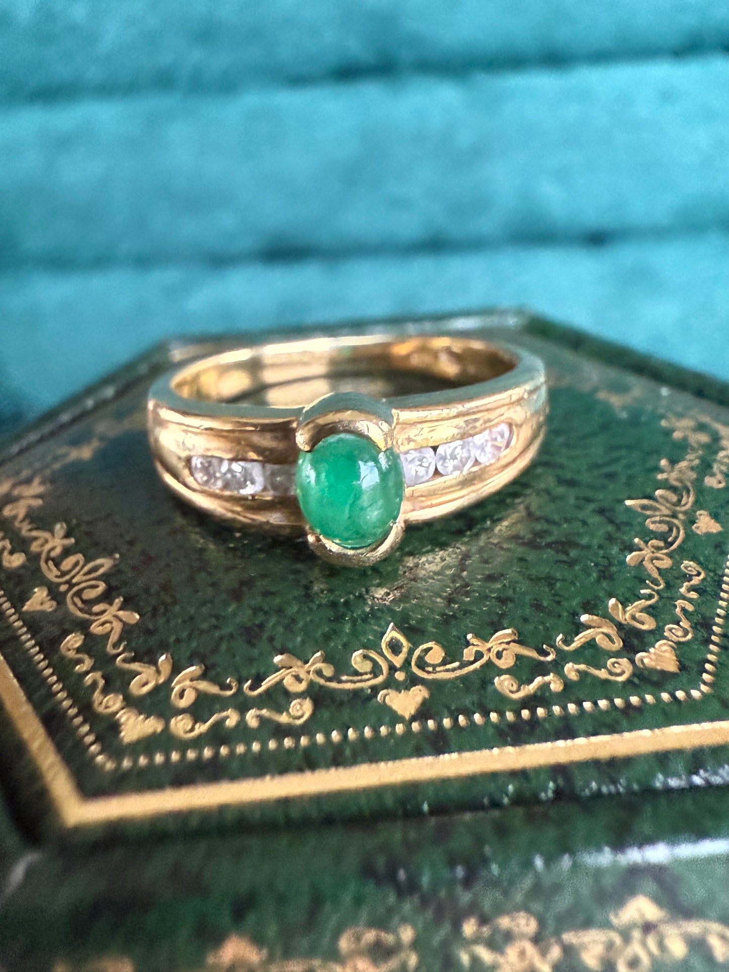 18ct gold cabochon emerald and diamond ring