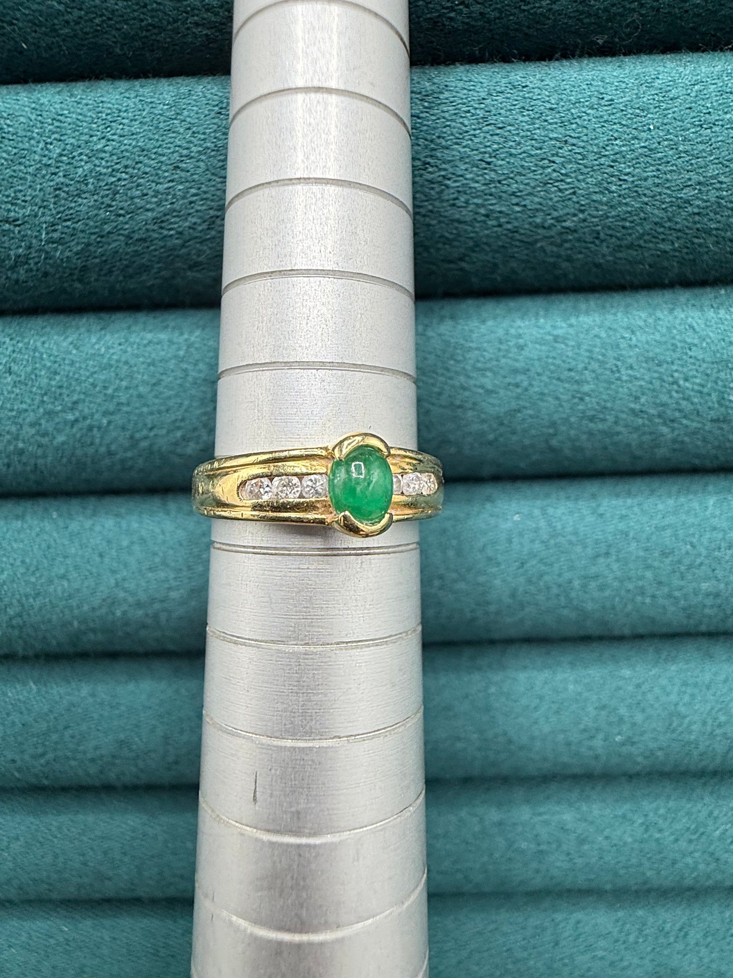 18ct gold cabochon emerald and diamond ring