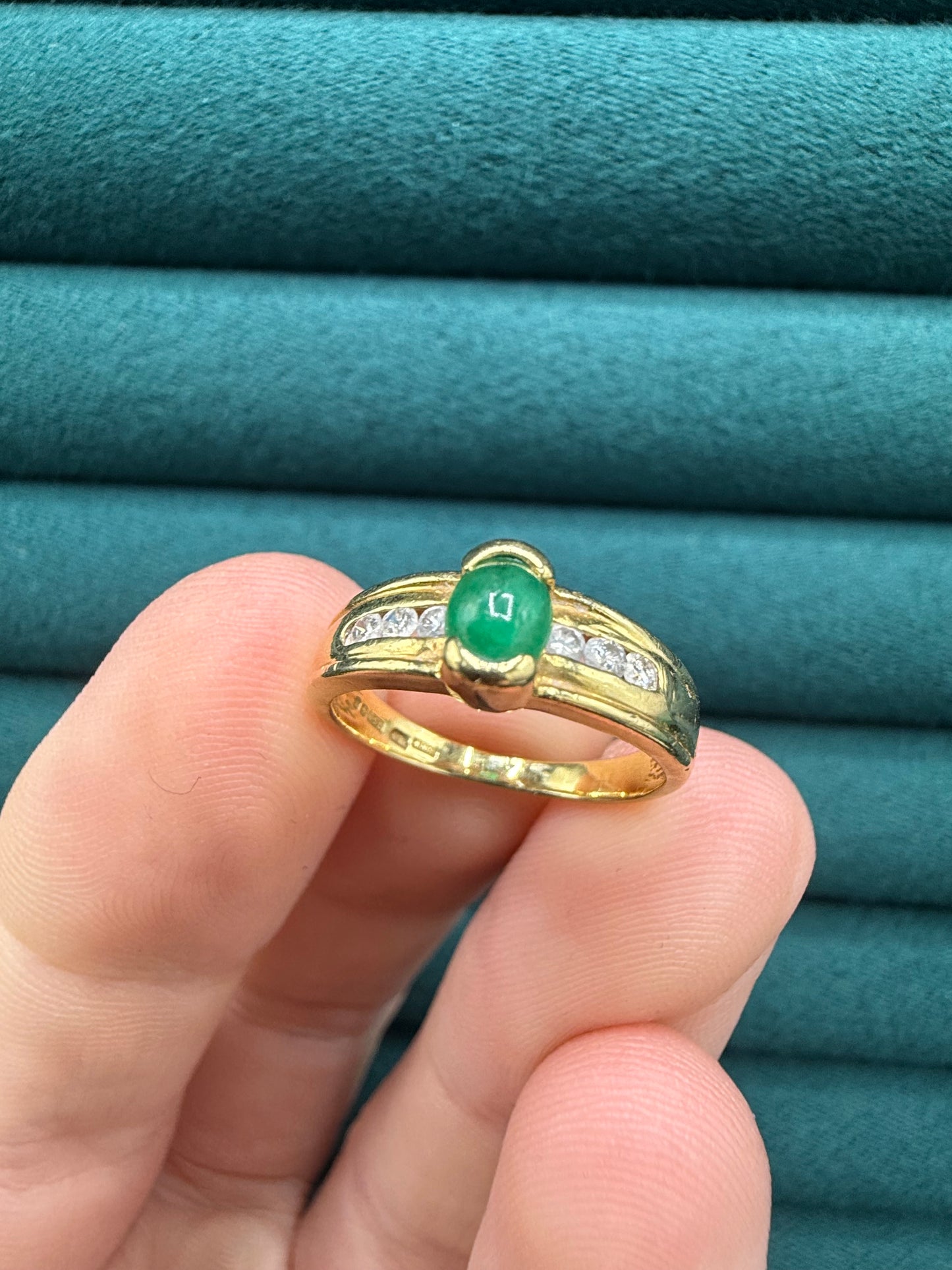 18ct gold cabochon emerald and diamond ring