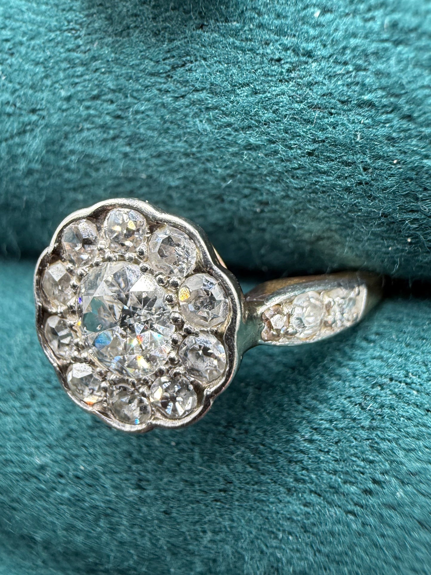 18ct gold and platinum old cut diamond daisy cluster ring antique