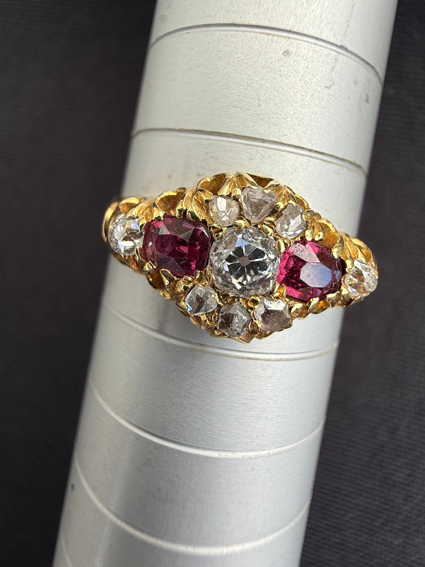 18ct gold antique ruby and old cut diamond boat ring