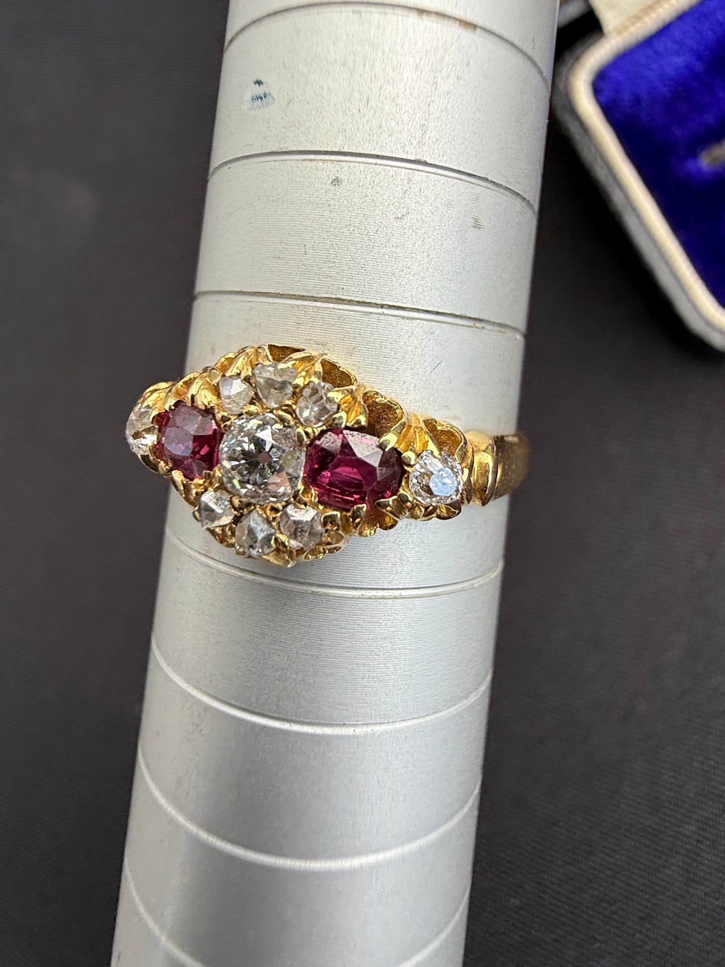 18ct gold antique ruby and old cut diamond boat ring