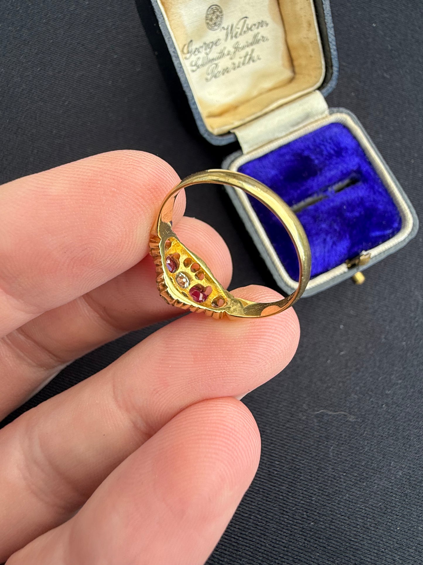 18ct gold antique ruby and old cut diamond boat ring
