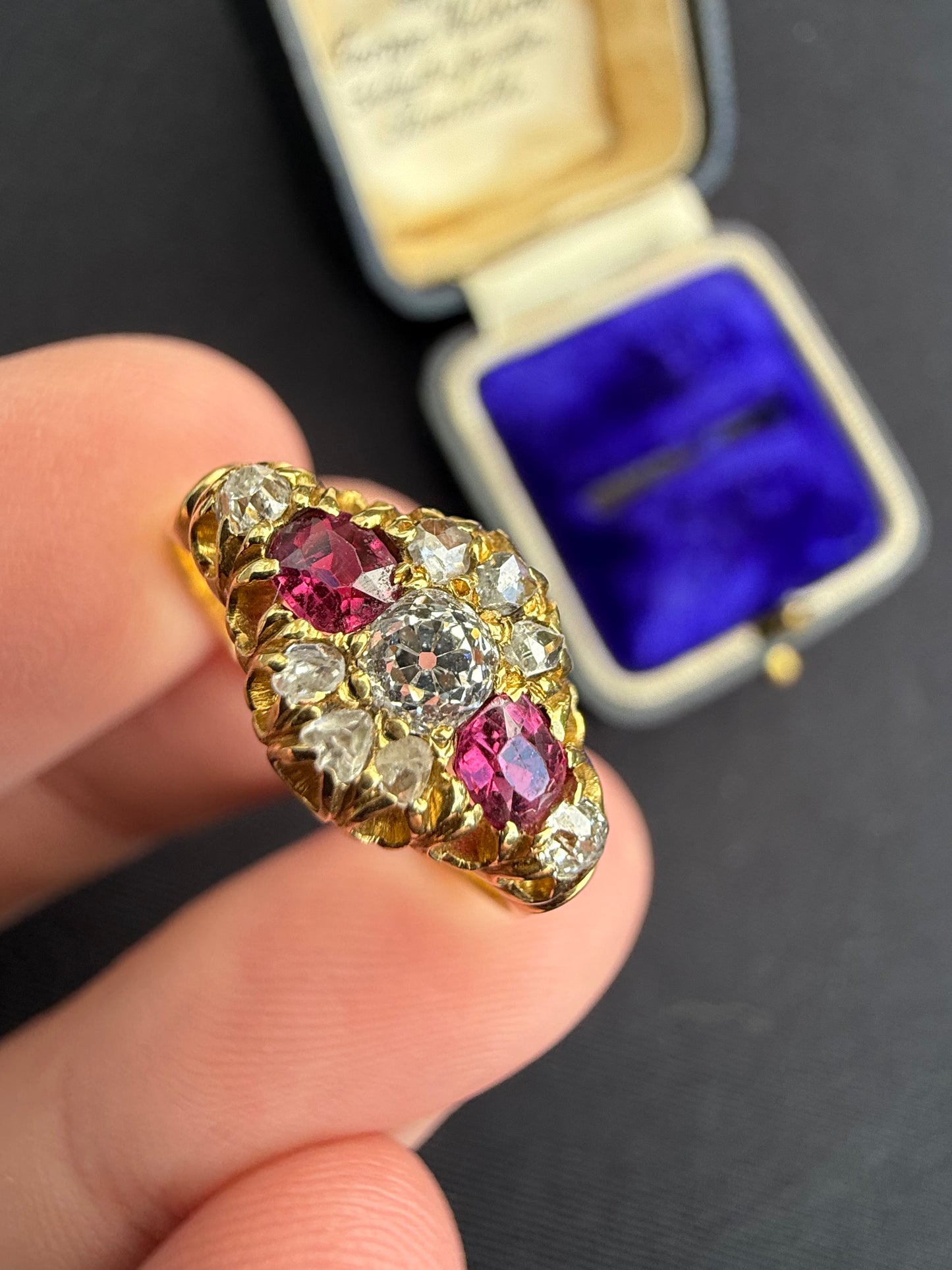 18ct gold antique ruby and old cut diamond boat ring
