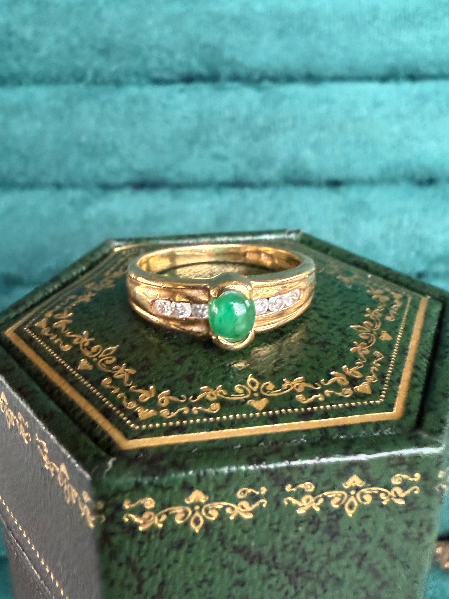 18ct gold cabochon emerald and diamond ring