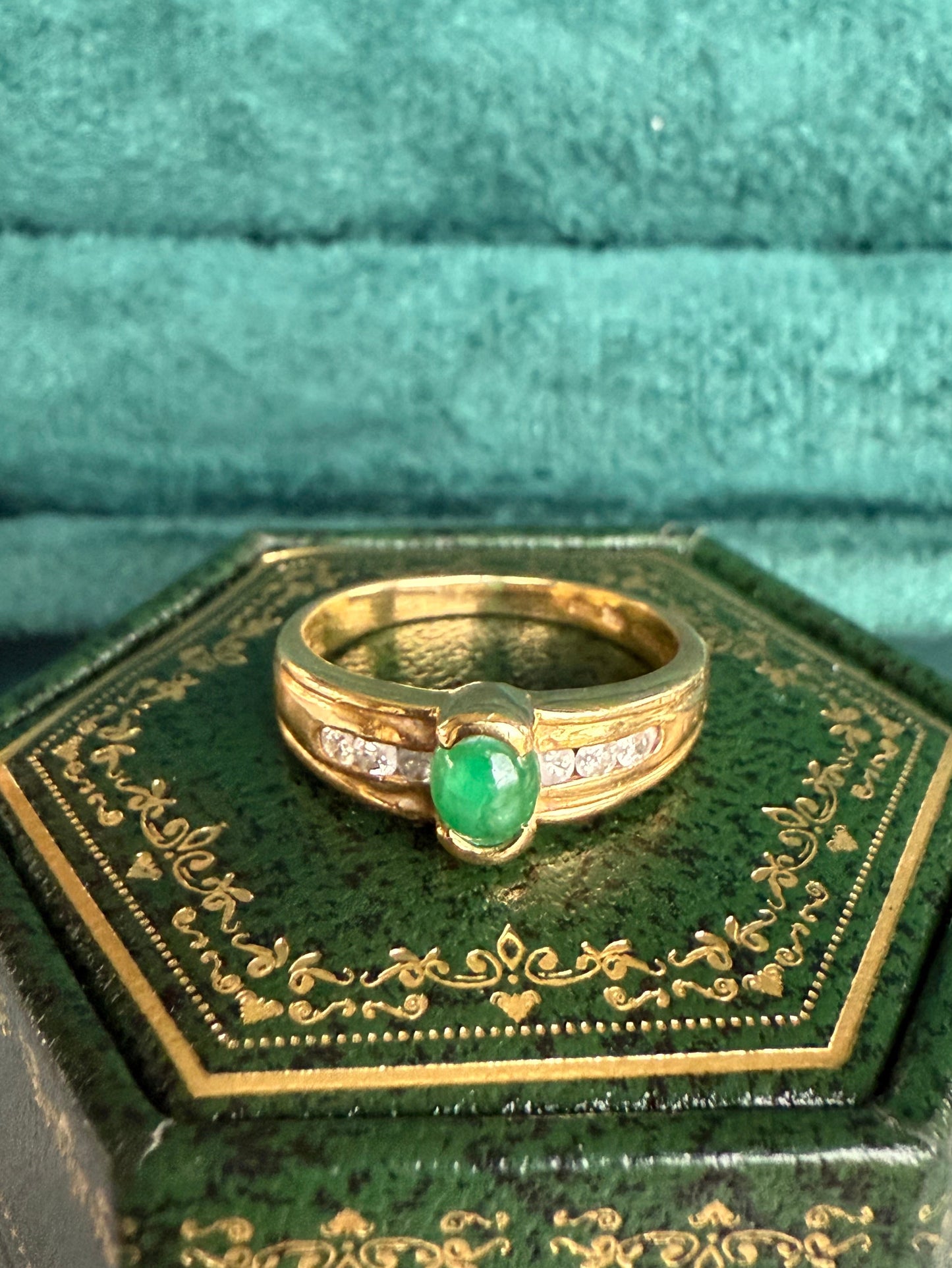 18ct gold cabochon emerald and diamond ring