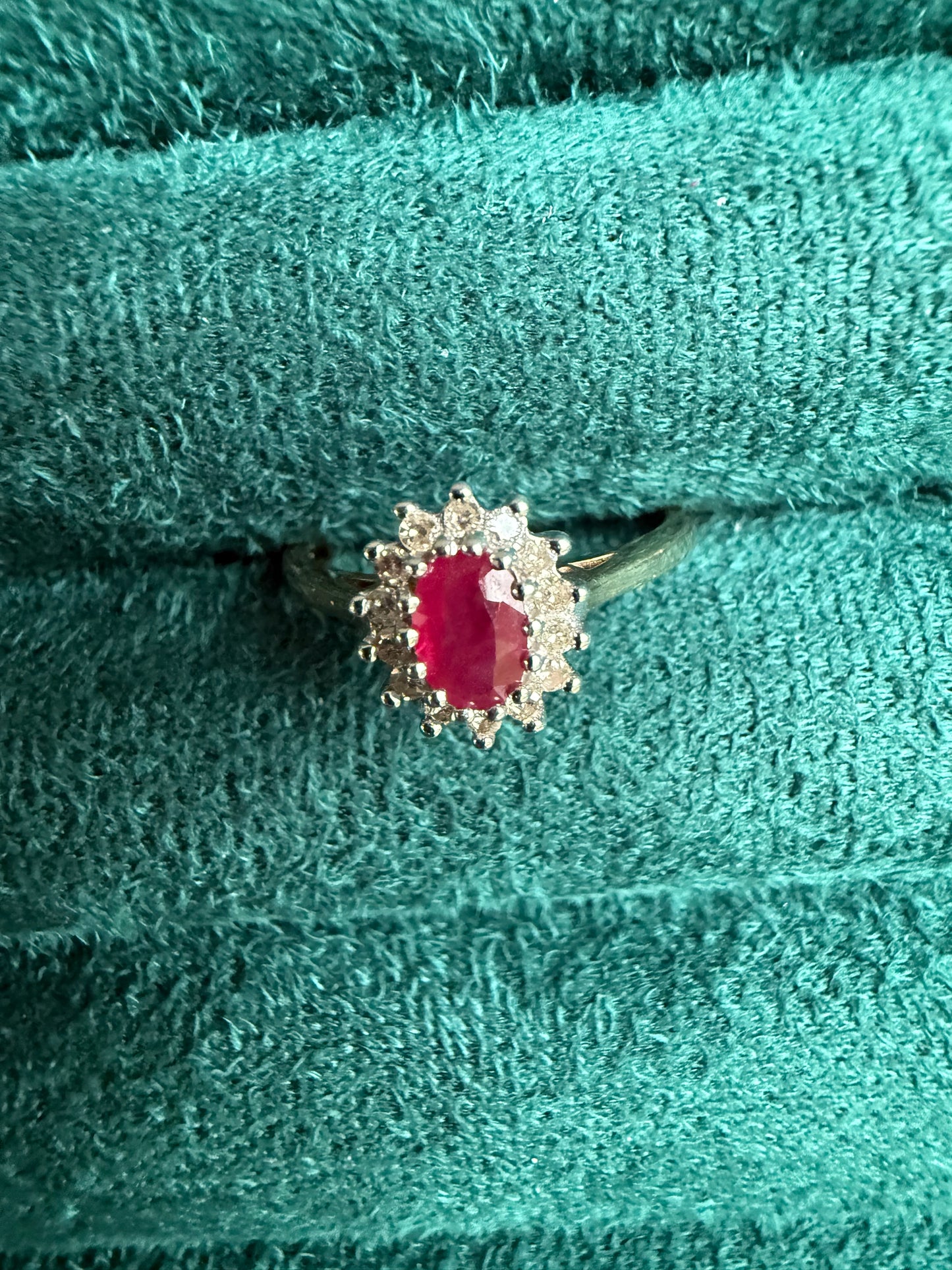 9ct gold ruby and diamond halo ring