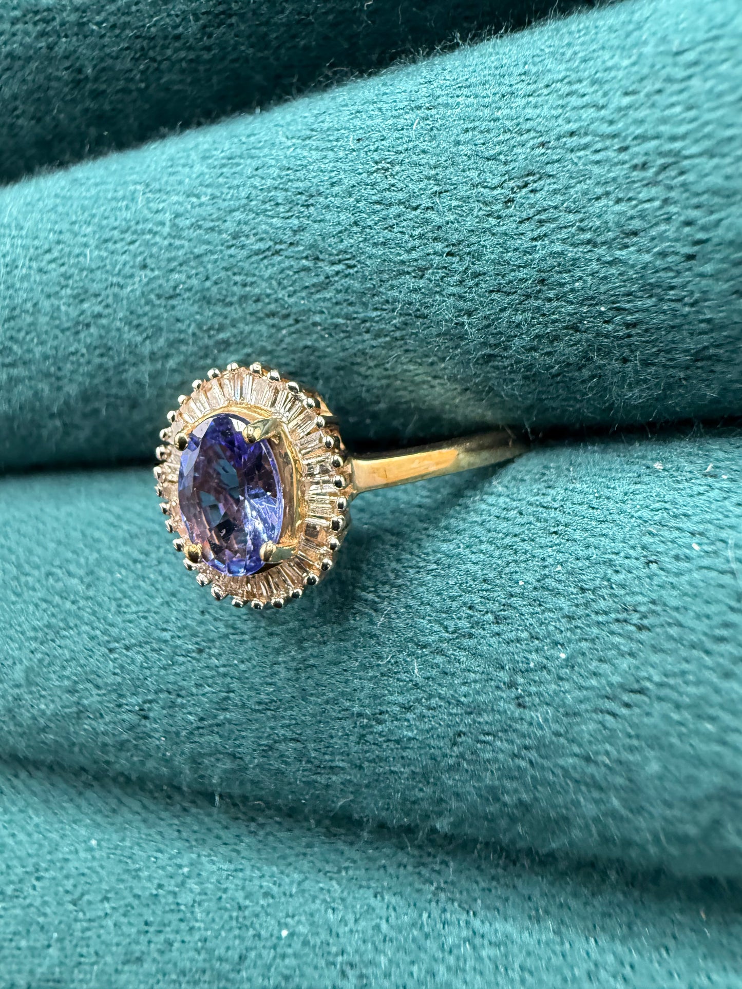 9ct gold tanzanite and baguette cut diamond ring