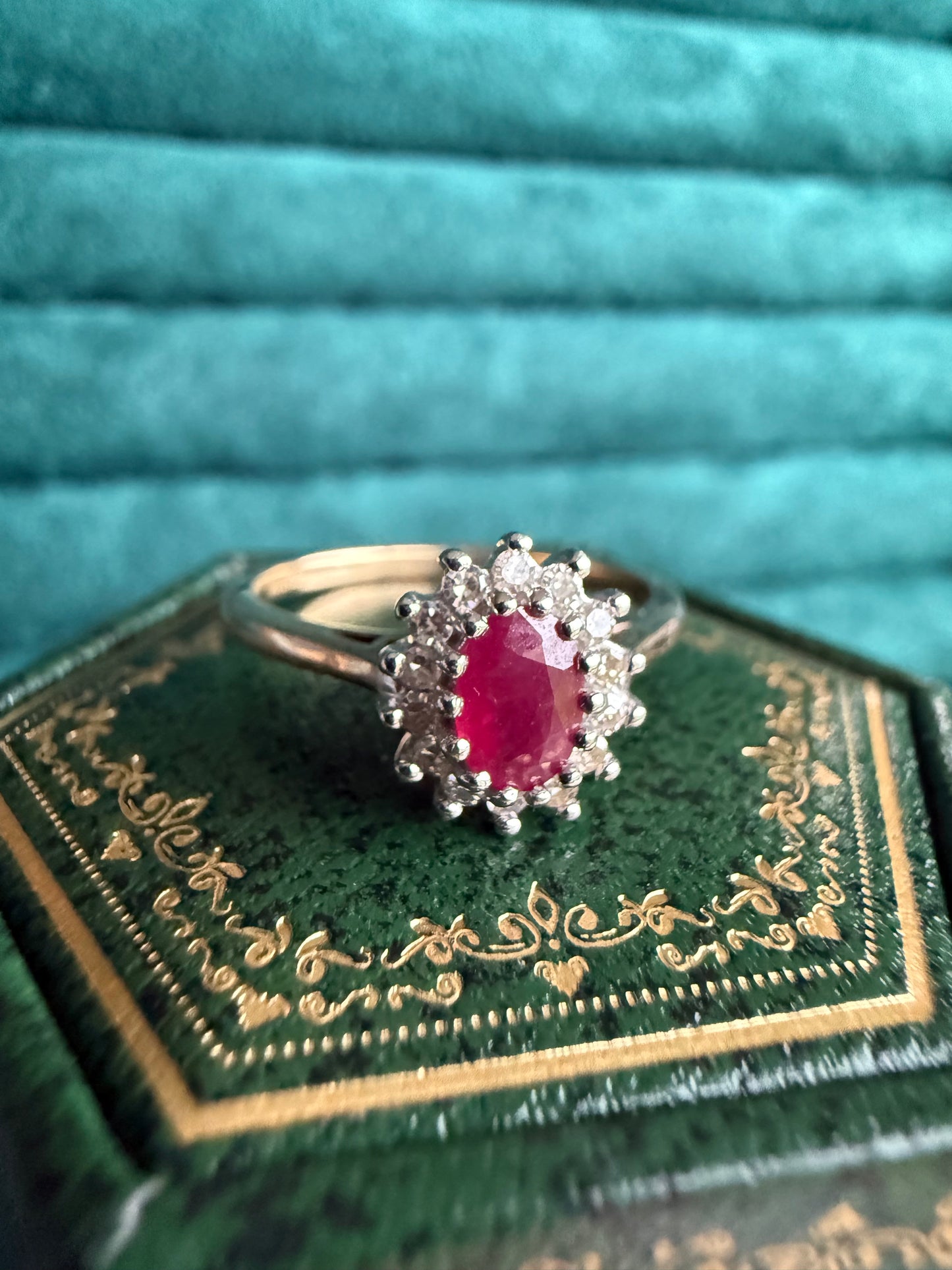 9ct gold ruby and diamond halo ring
