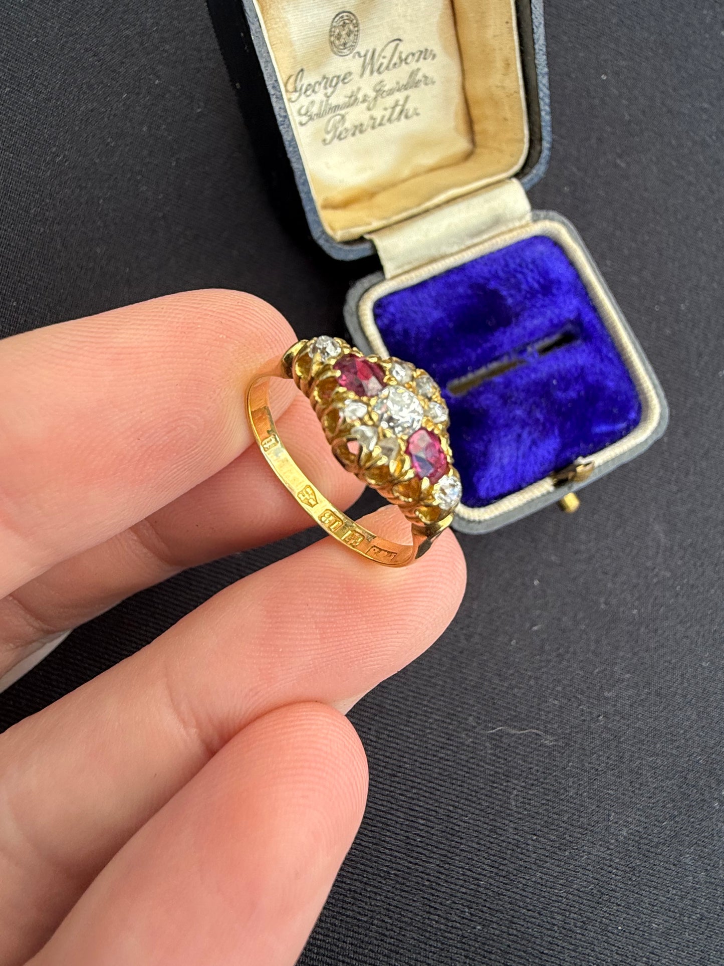 18ct gold antique ruby and old cut diamond boat ring