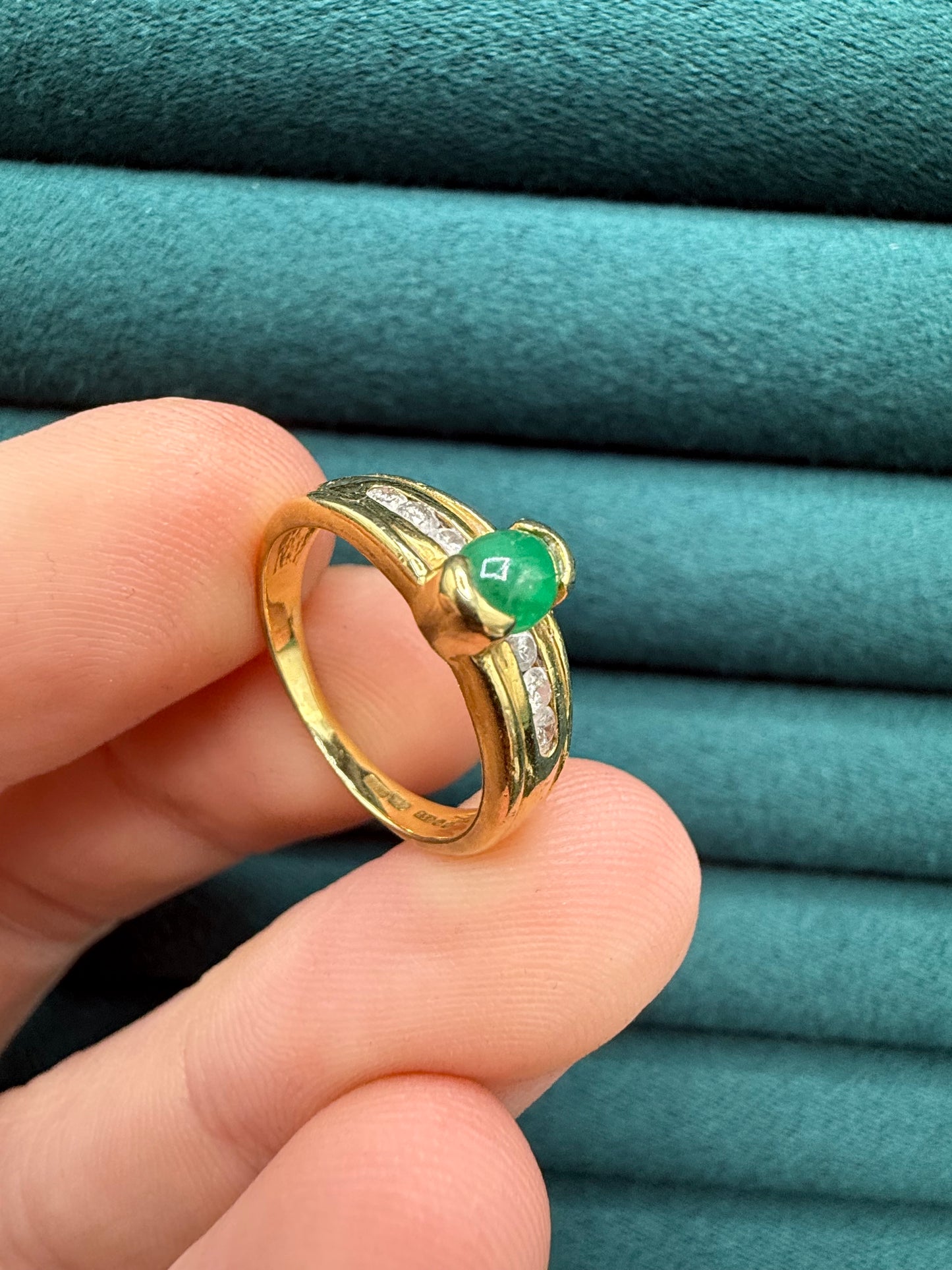 18ct gold cabochon emerald and diamond ring