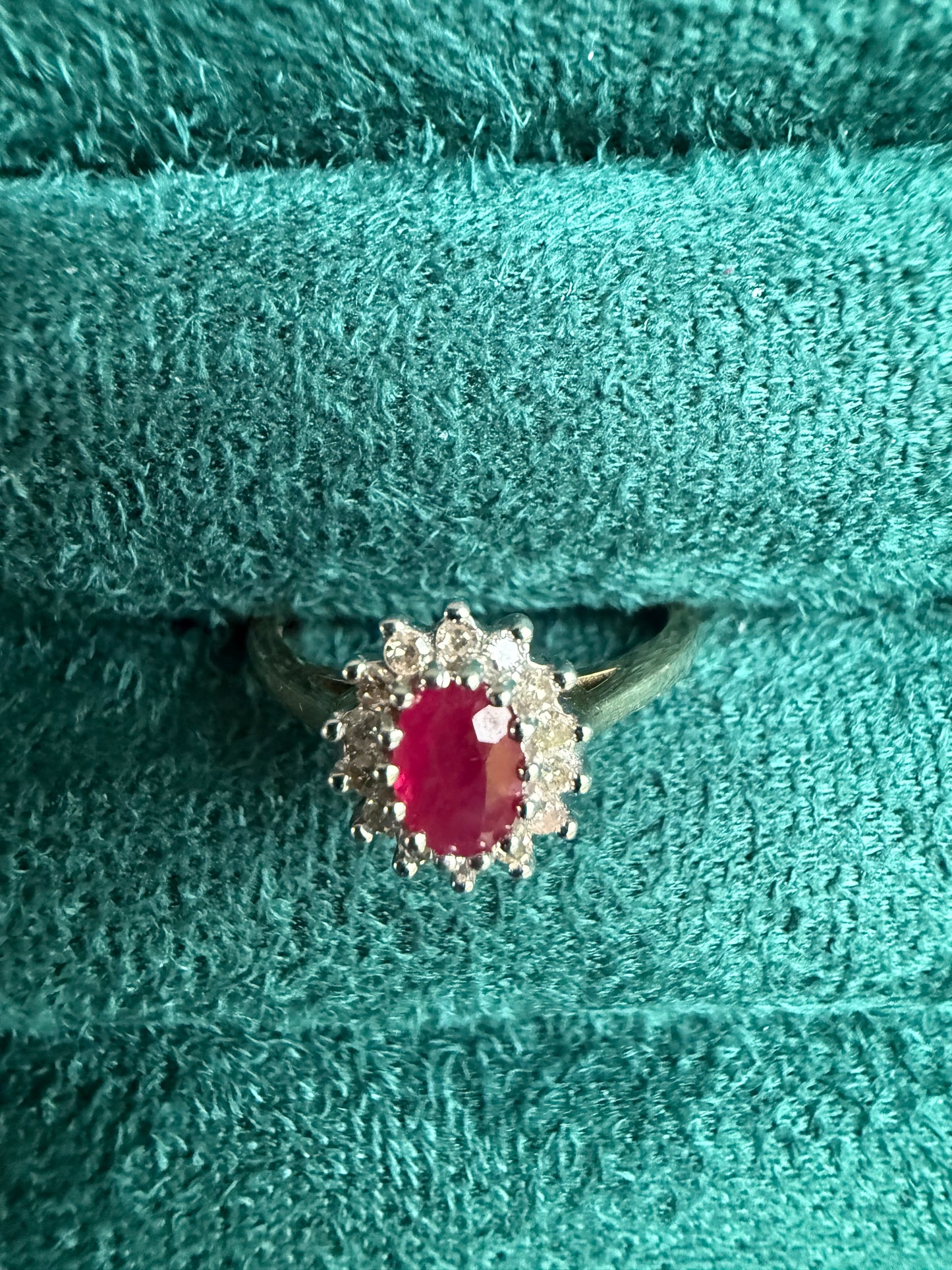 9ct gold ruby and diamond halo ring