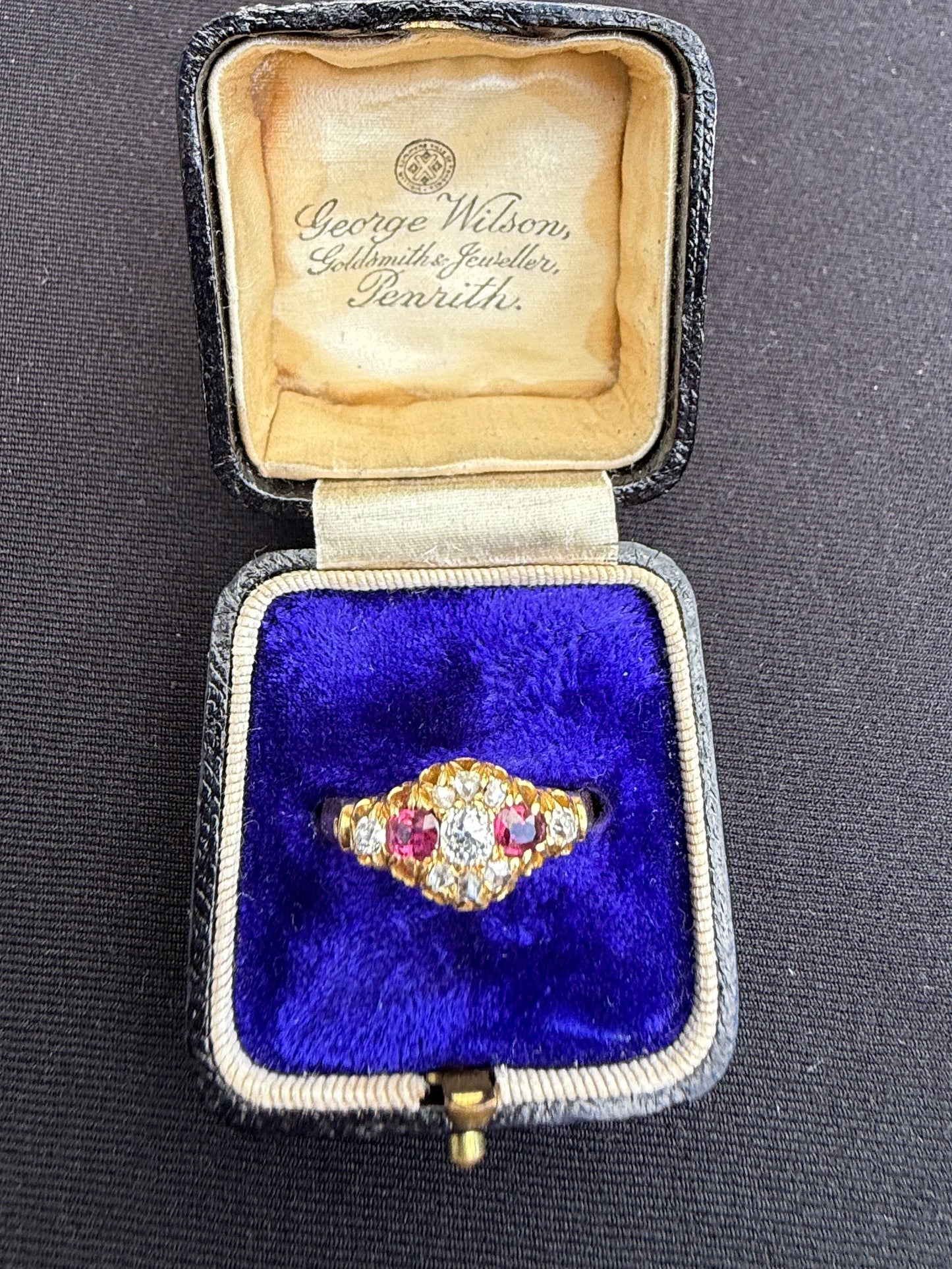 18ct gold antique ruby and old cut diamond boat ring