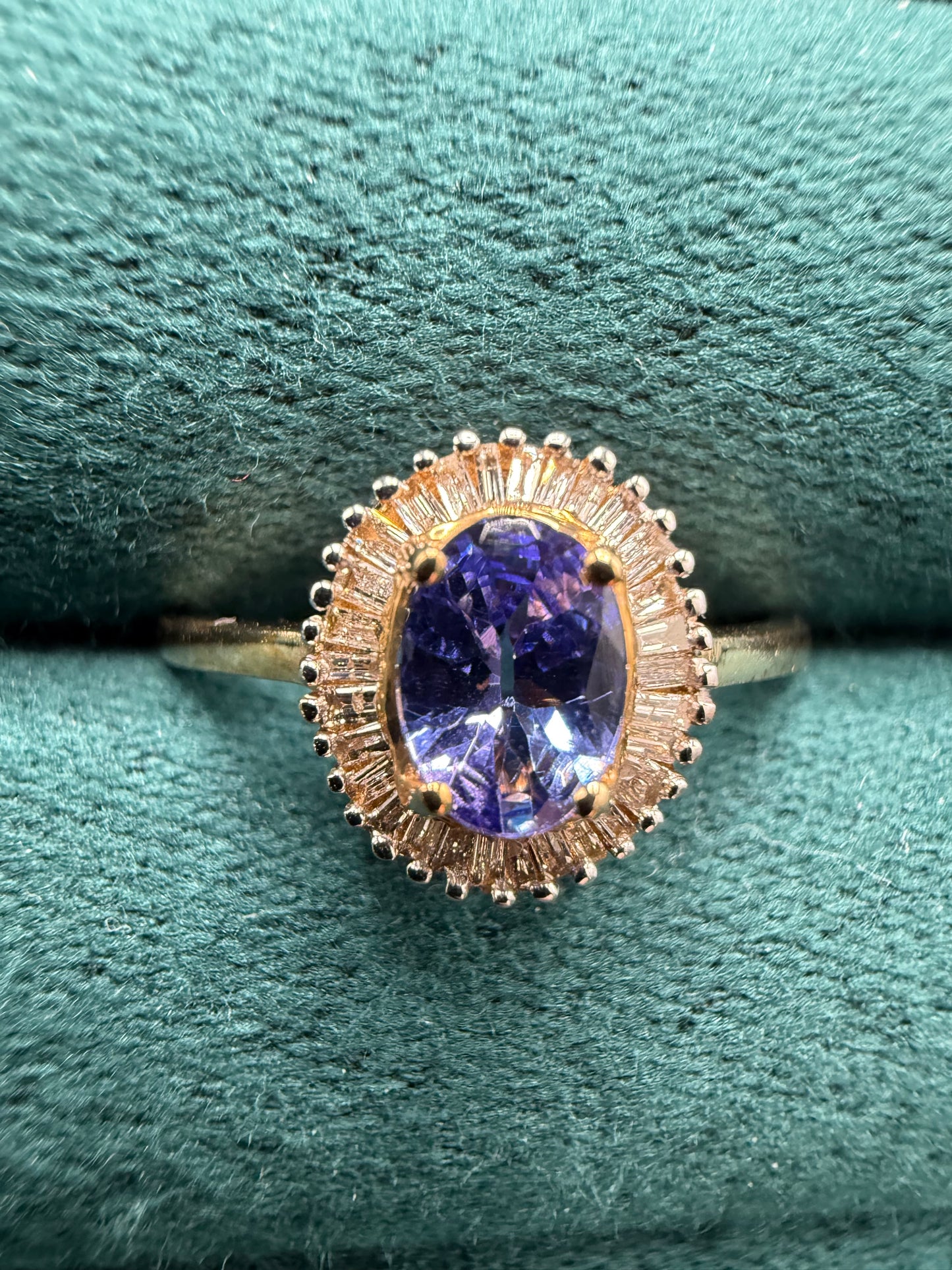 9ct gold tanzanite and baguette cut diamond ring