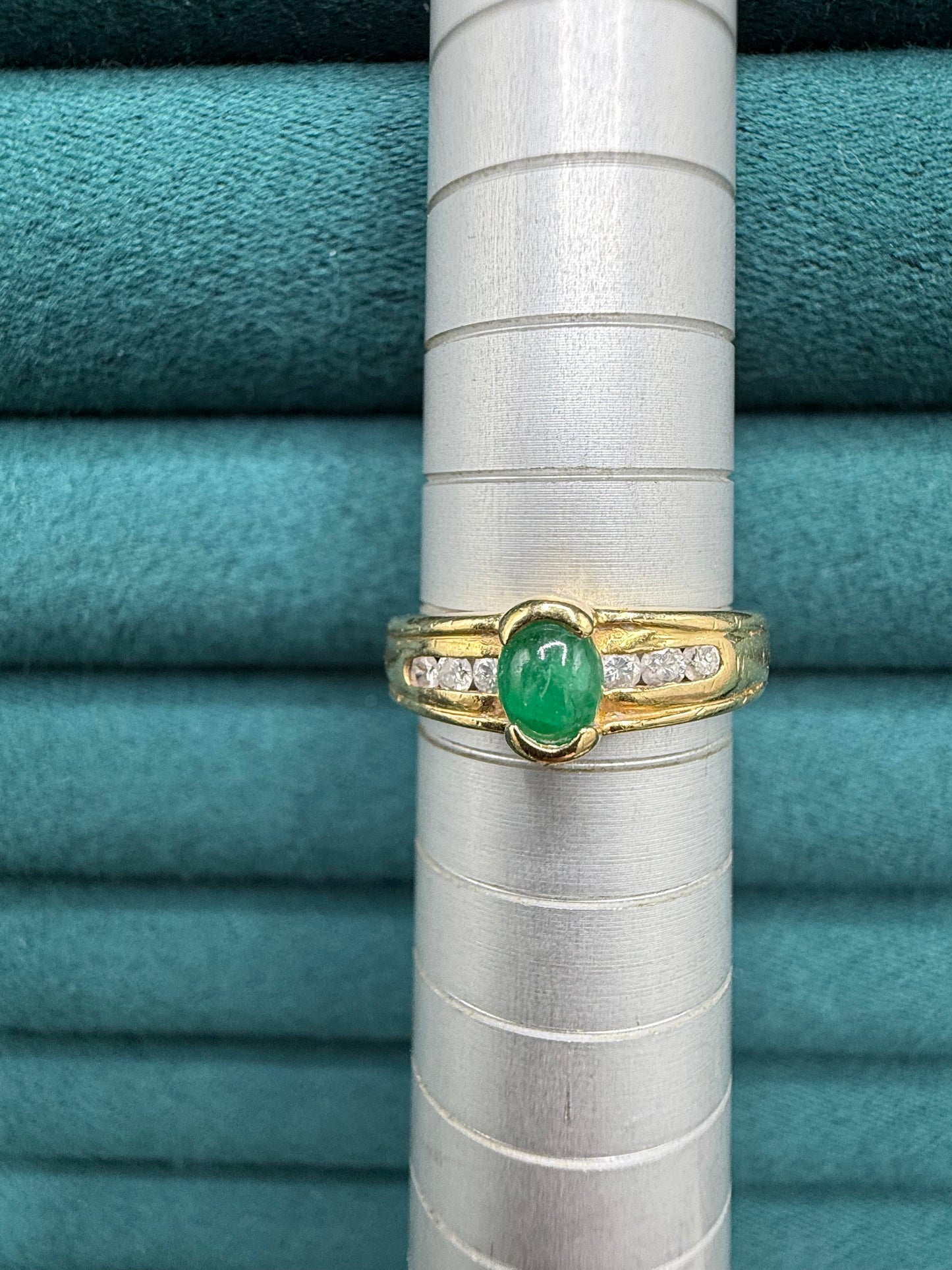 18ct gold cabochon emerald and diamond ring