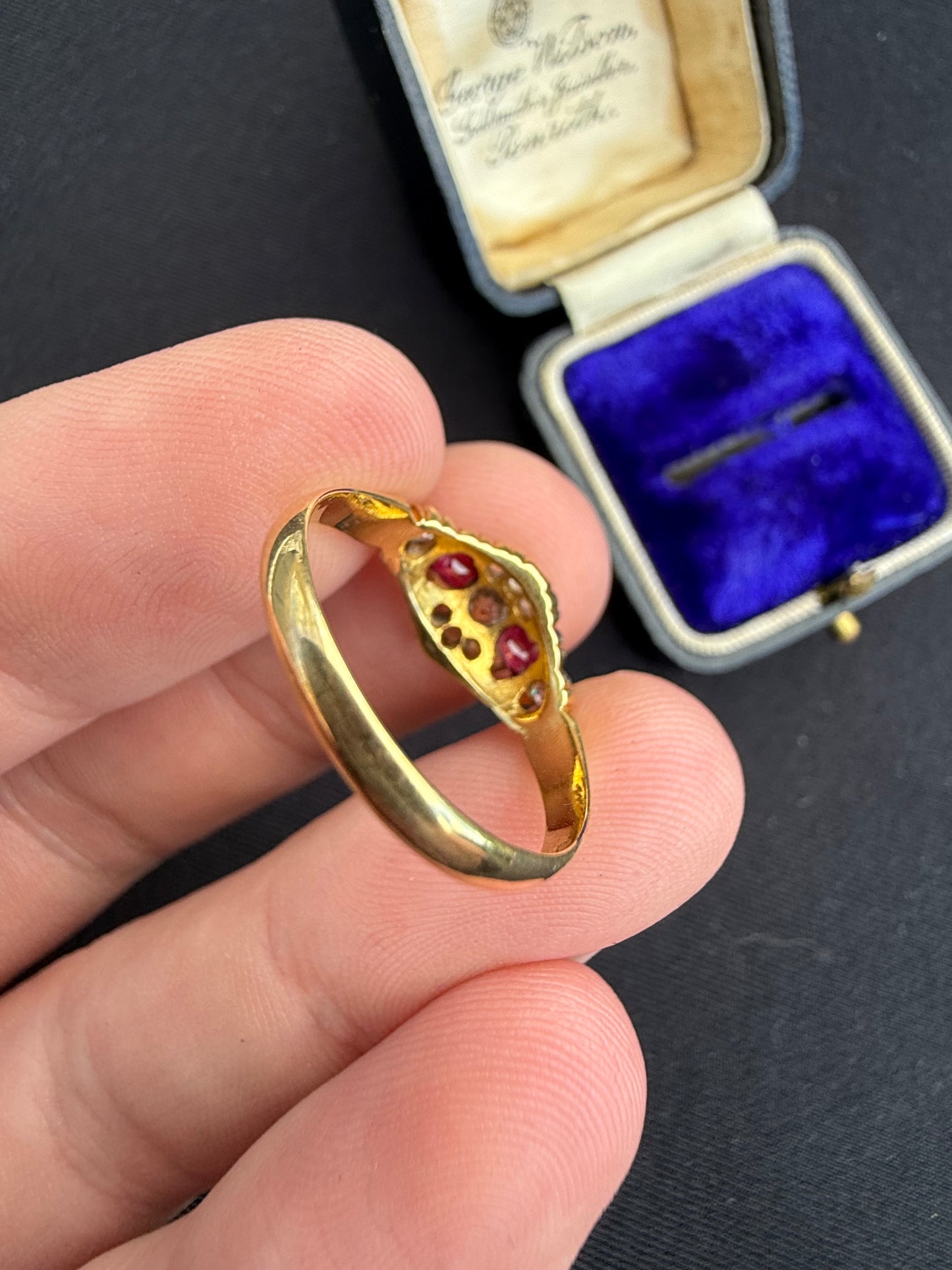 18ct gold antique ruby and old cut diamond boat ring