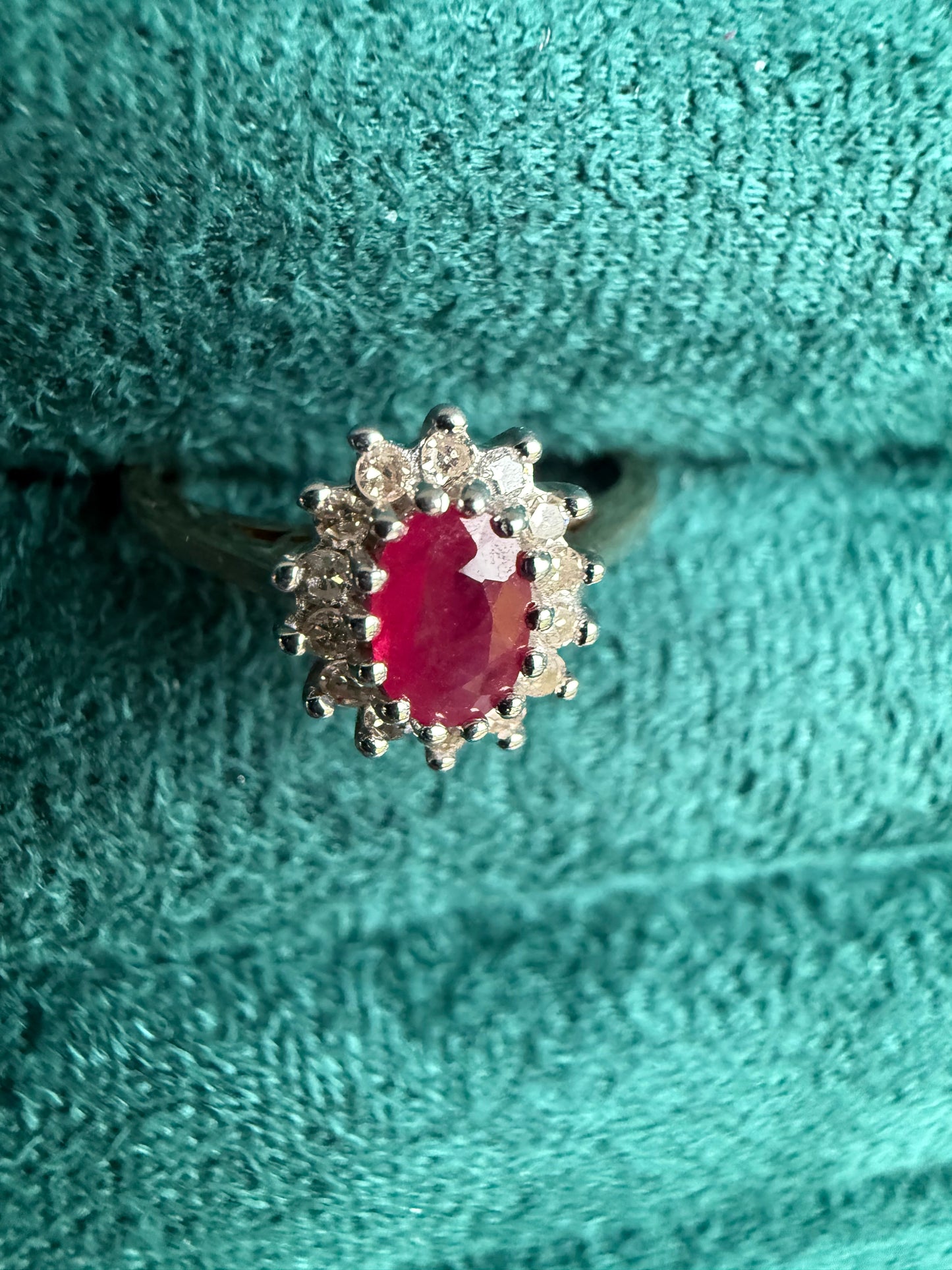 9ct gold ruby and diamond halo ring