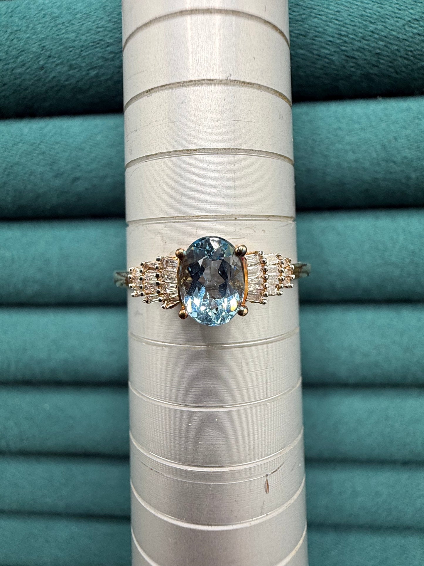 9ct gold topaz and baguette cut diamond ring