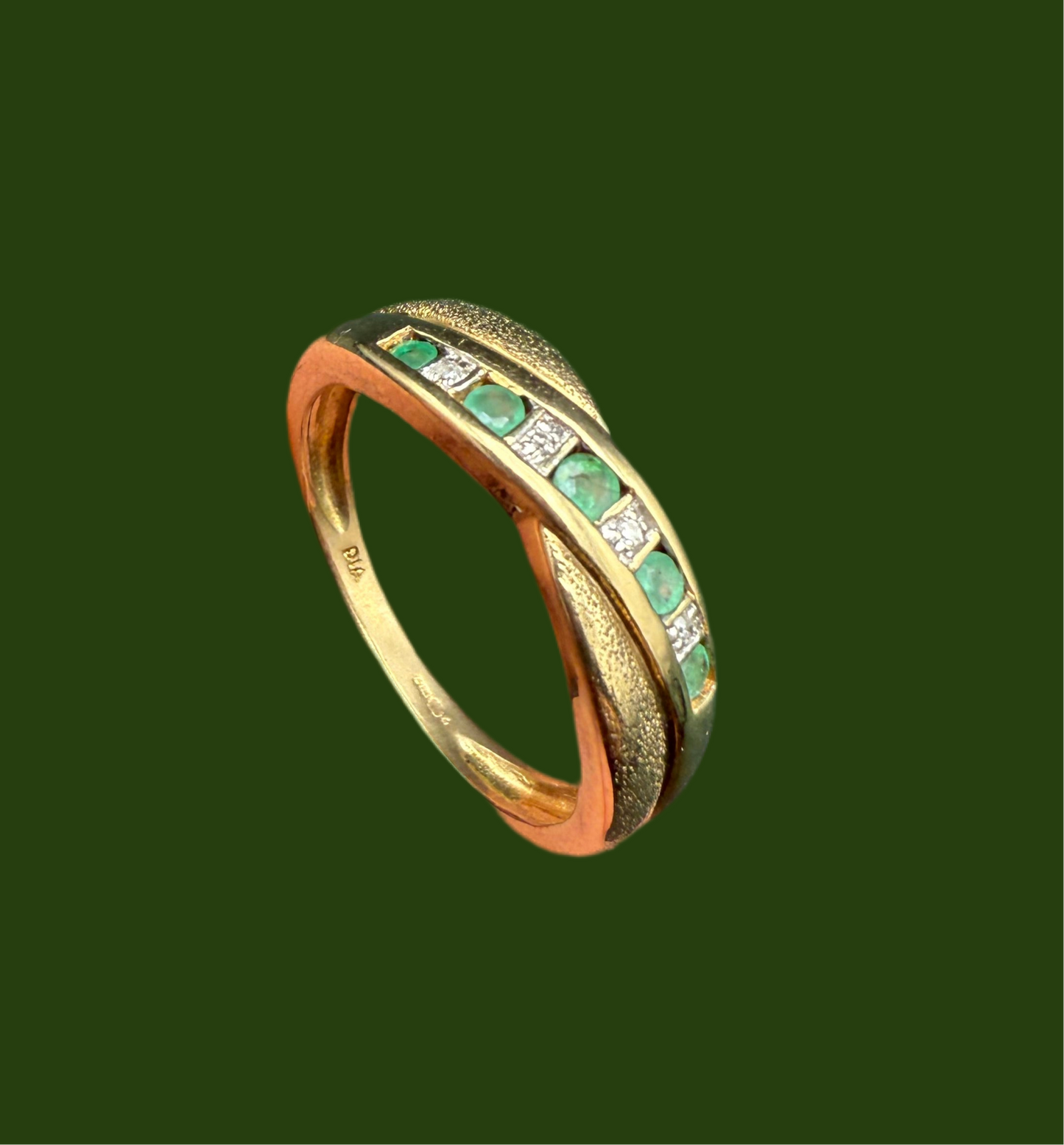 9ct gold emerald and diamond brushed band ring