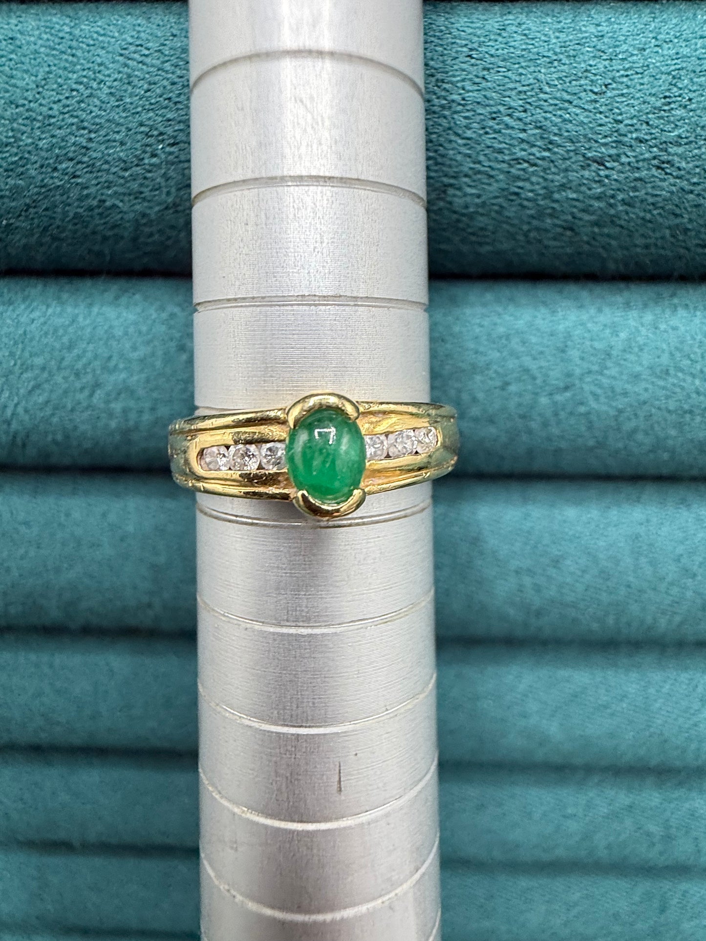 18ct gold cabochon emerald and diamond ring