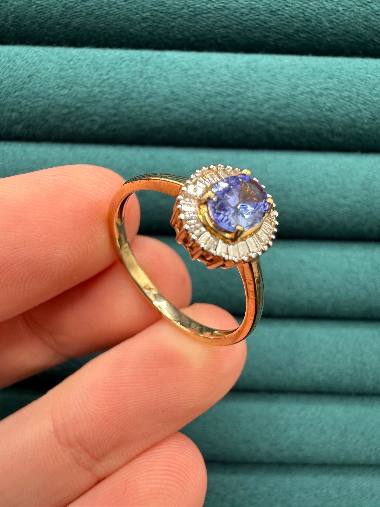 9ct gold tanzanite and baguette cut diamond ring