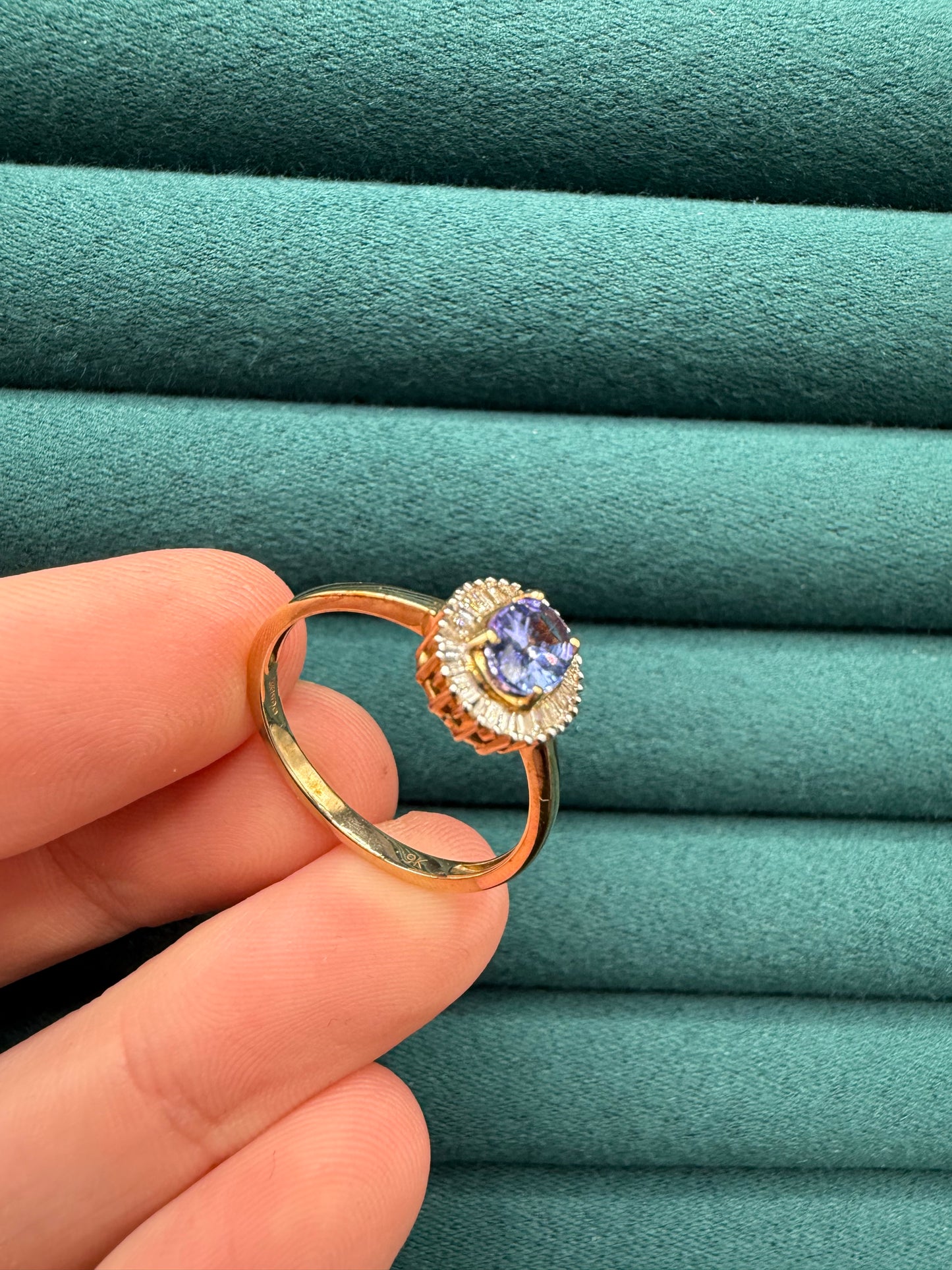 9ct gold tanzanite and baguette cut diamond ring