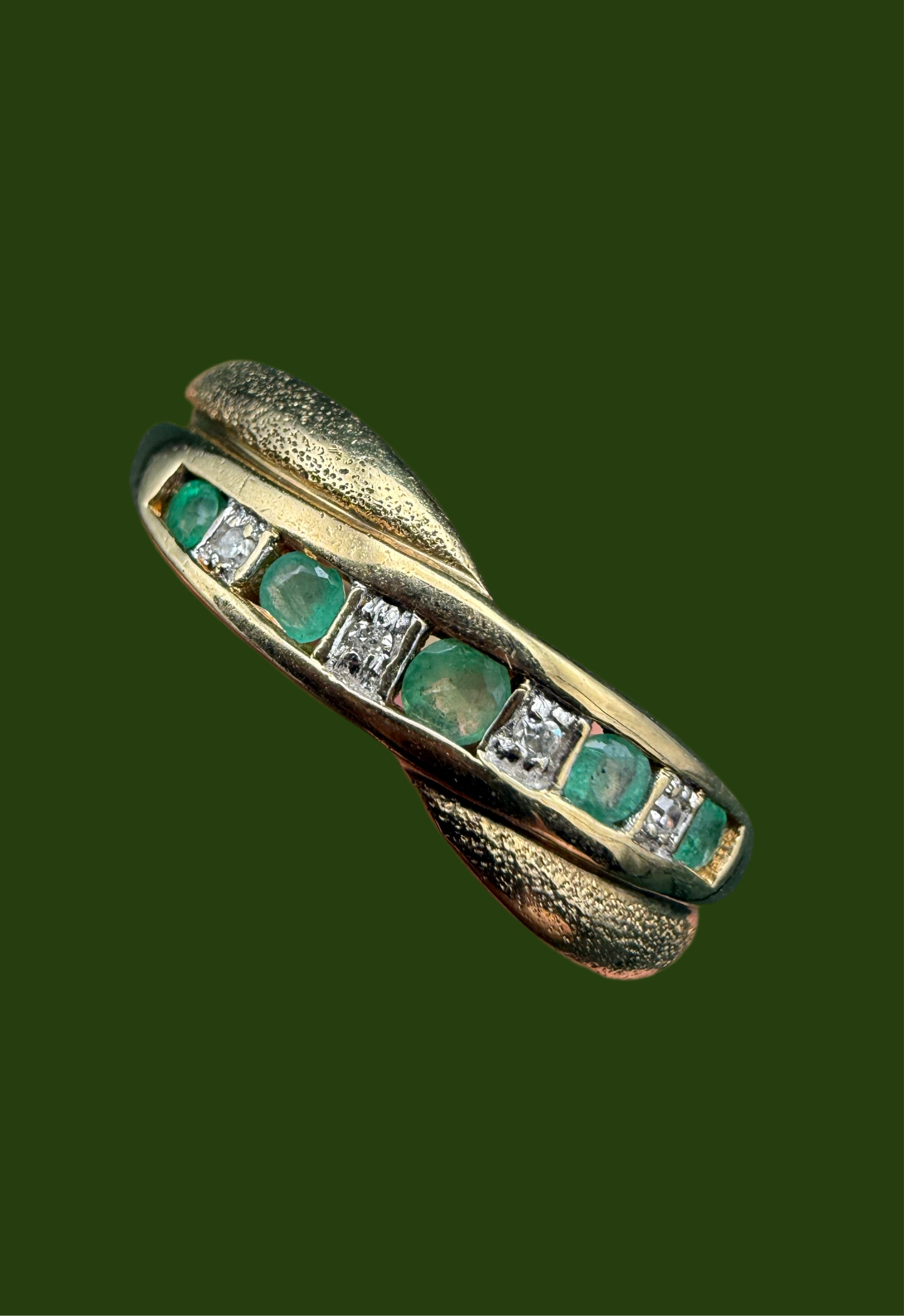 9ct gold emerald and diamond brushed band ring