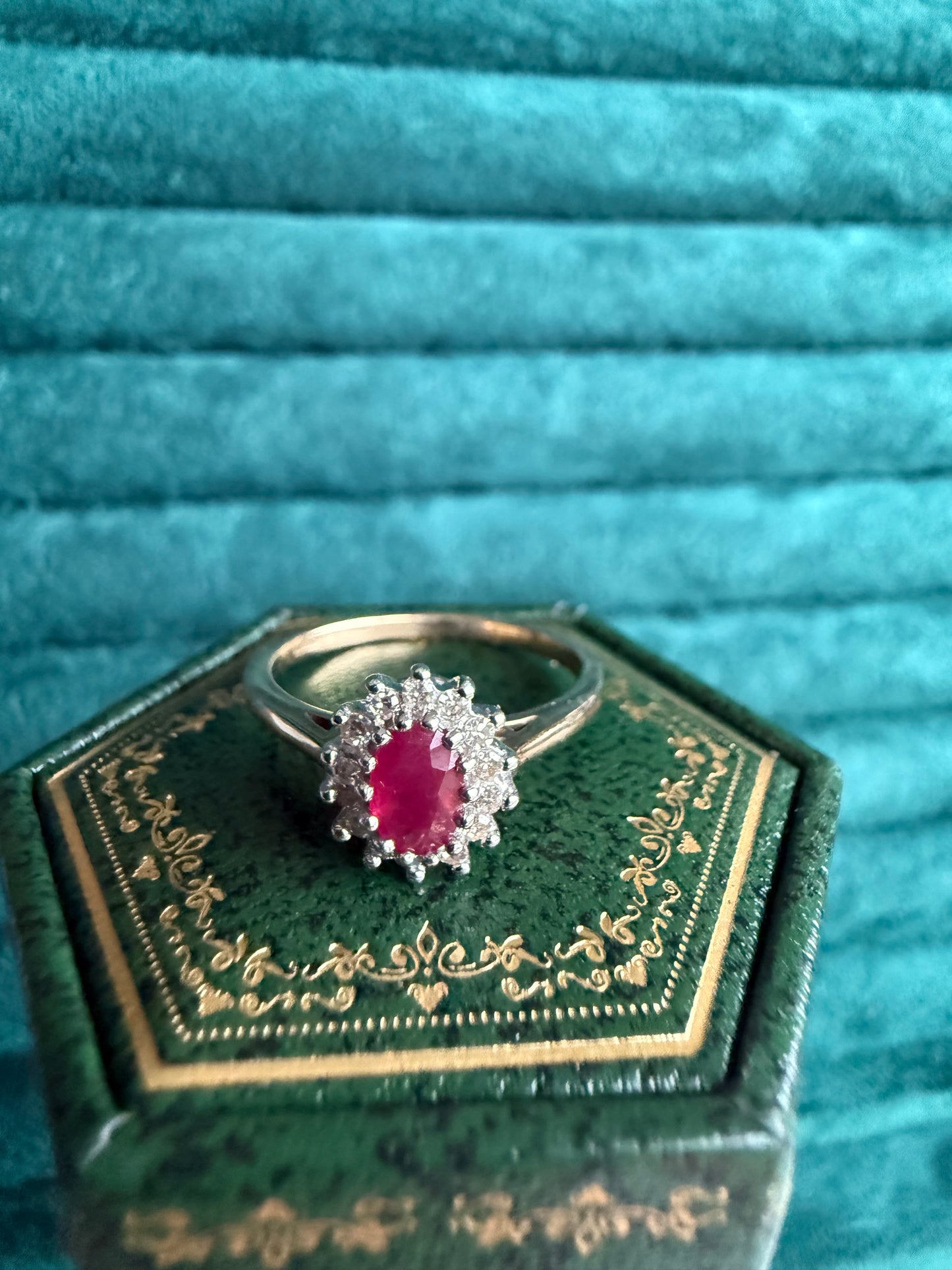 9ct gold ruby and diamond halo ring