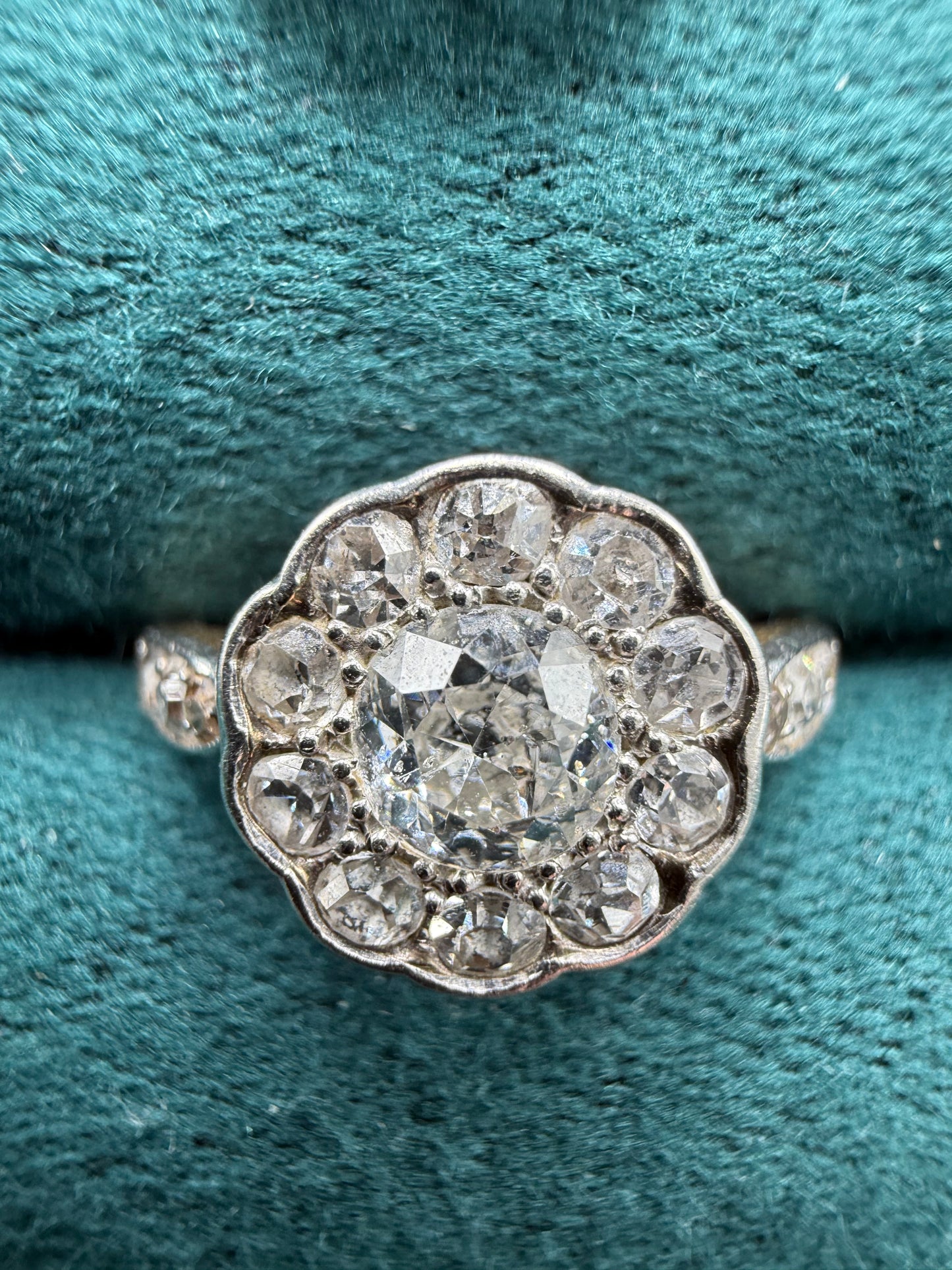 18ct gold and platinum old cut diamond daisy cluster ring antique