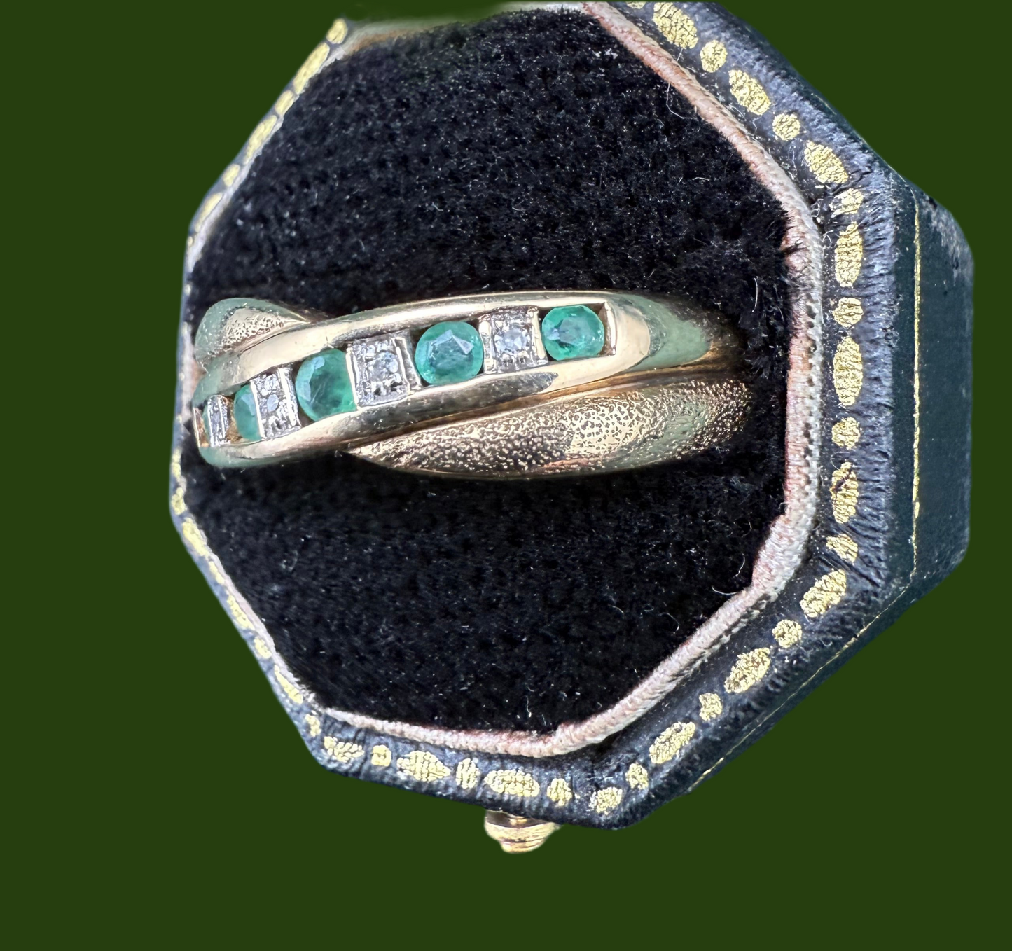 9ct gold emerald and diamond brushed band ring
