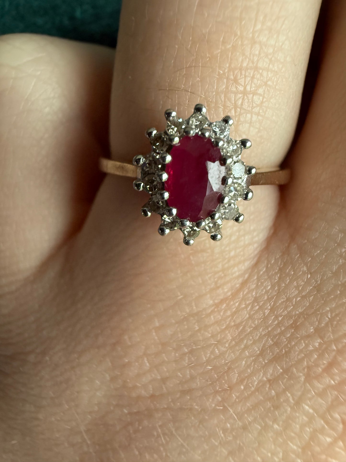 9ct gold ruby and diamond halo ring