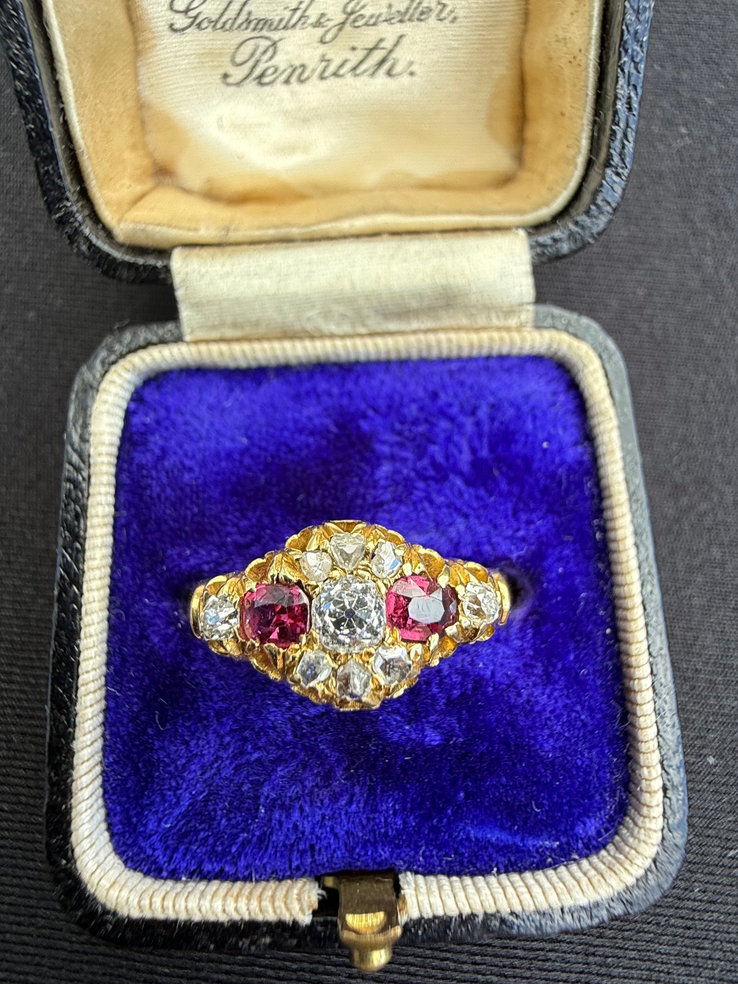 18ct gold antique ruby and old cut diamond boat ring
