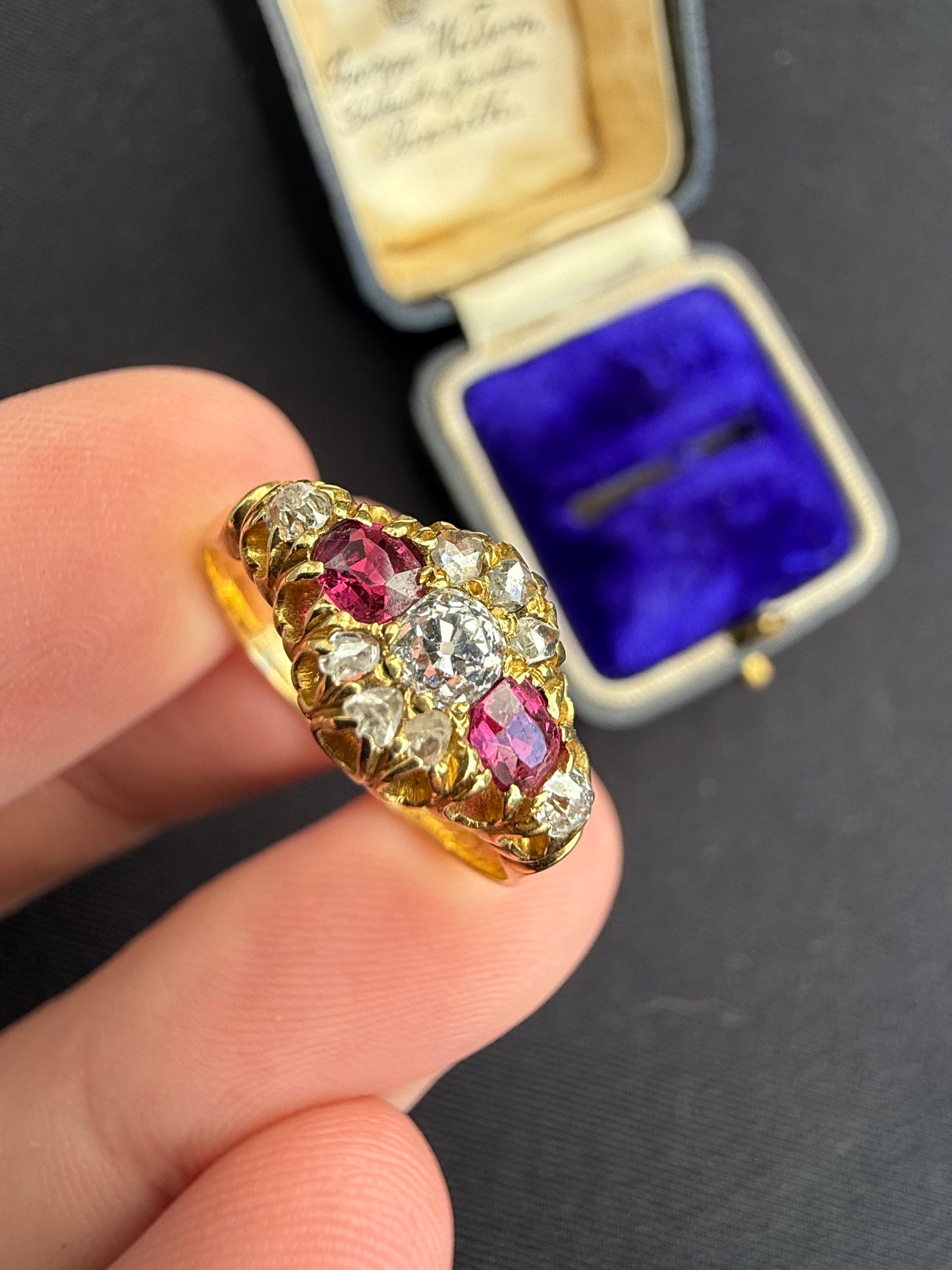 18ct gold antique ruby and old cut diamond boat ring