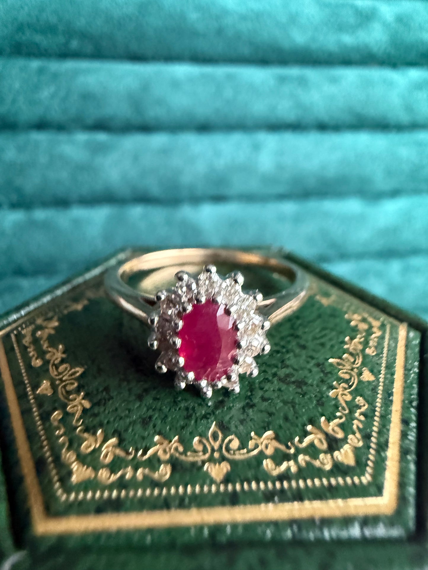 9ct gold ruby and diamond halo ring