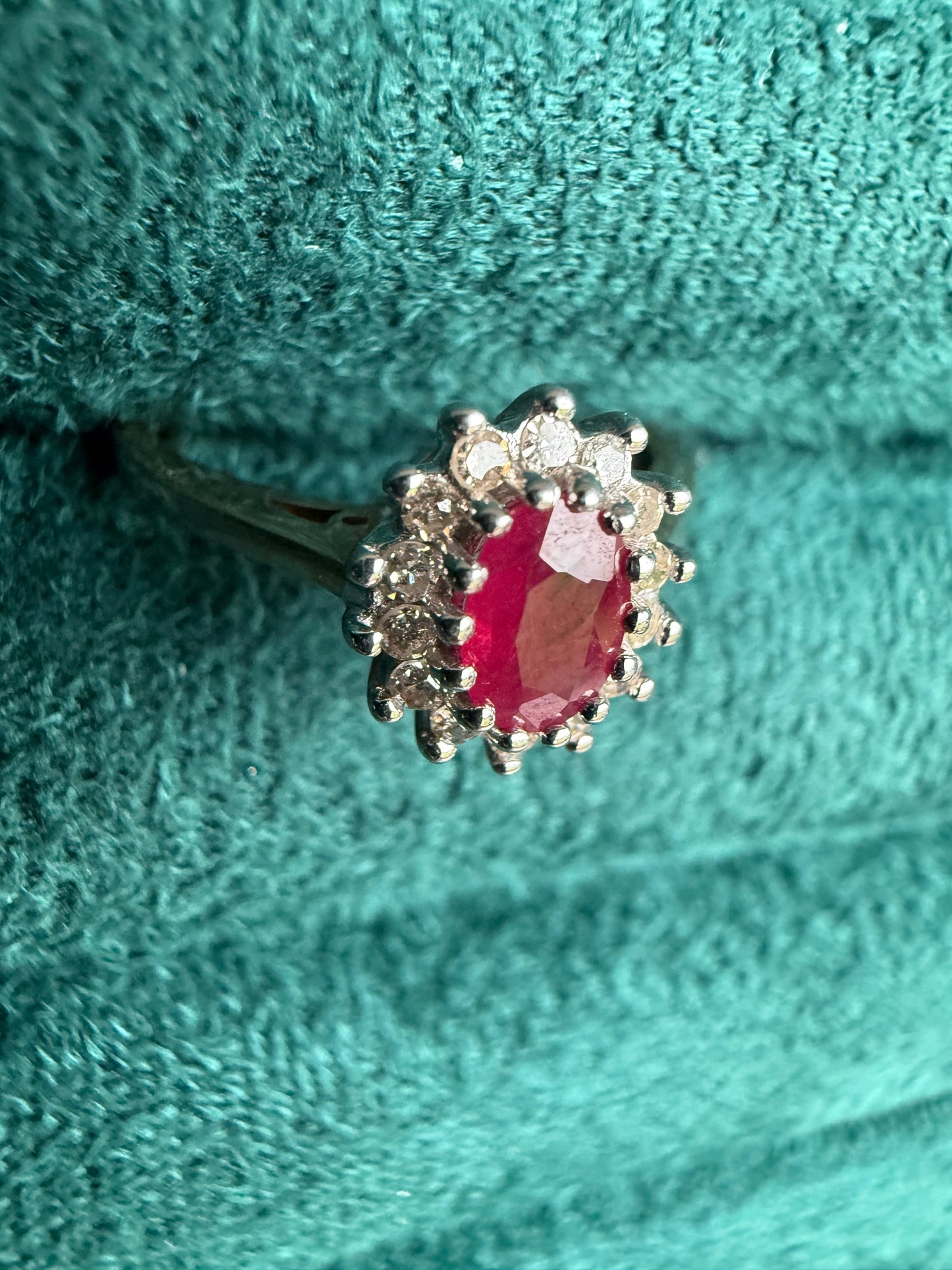 9ct gold ruby and diamond halo ring