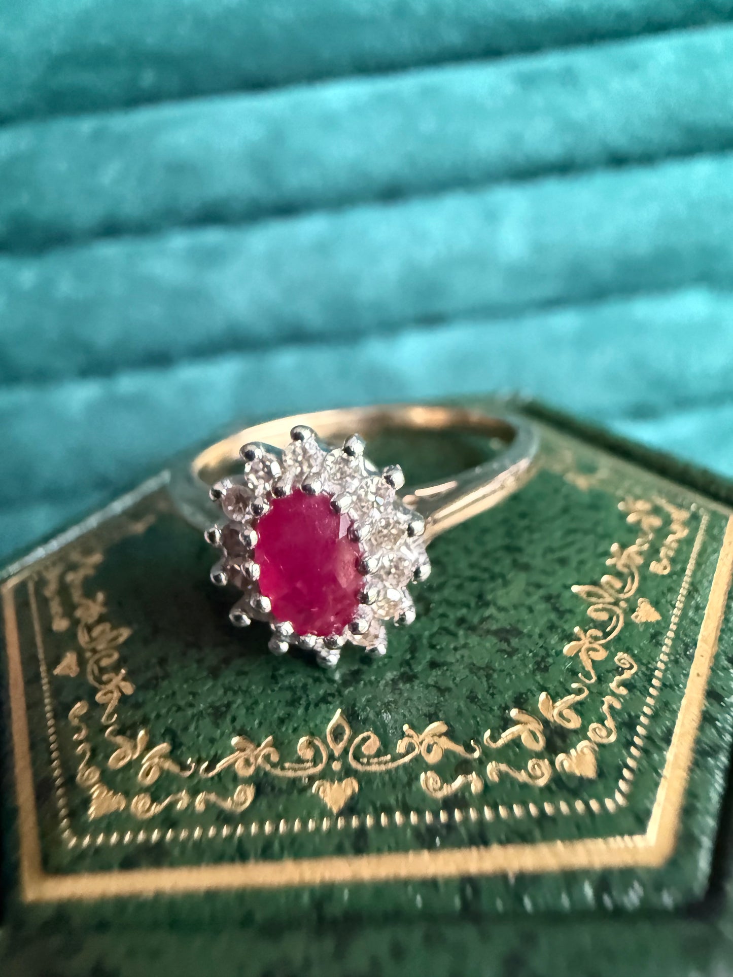 9ct gold ruby and diamond halo ring