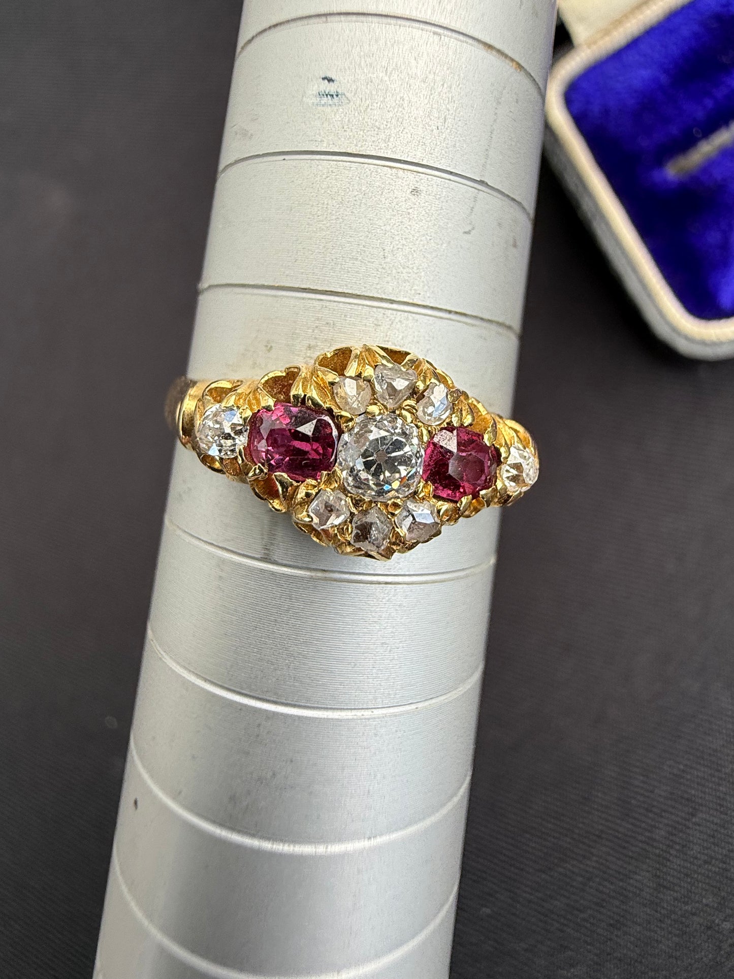 18ct gold antique ruby and old cut diamond boat ring