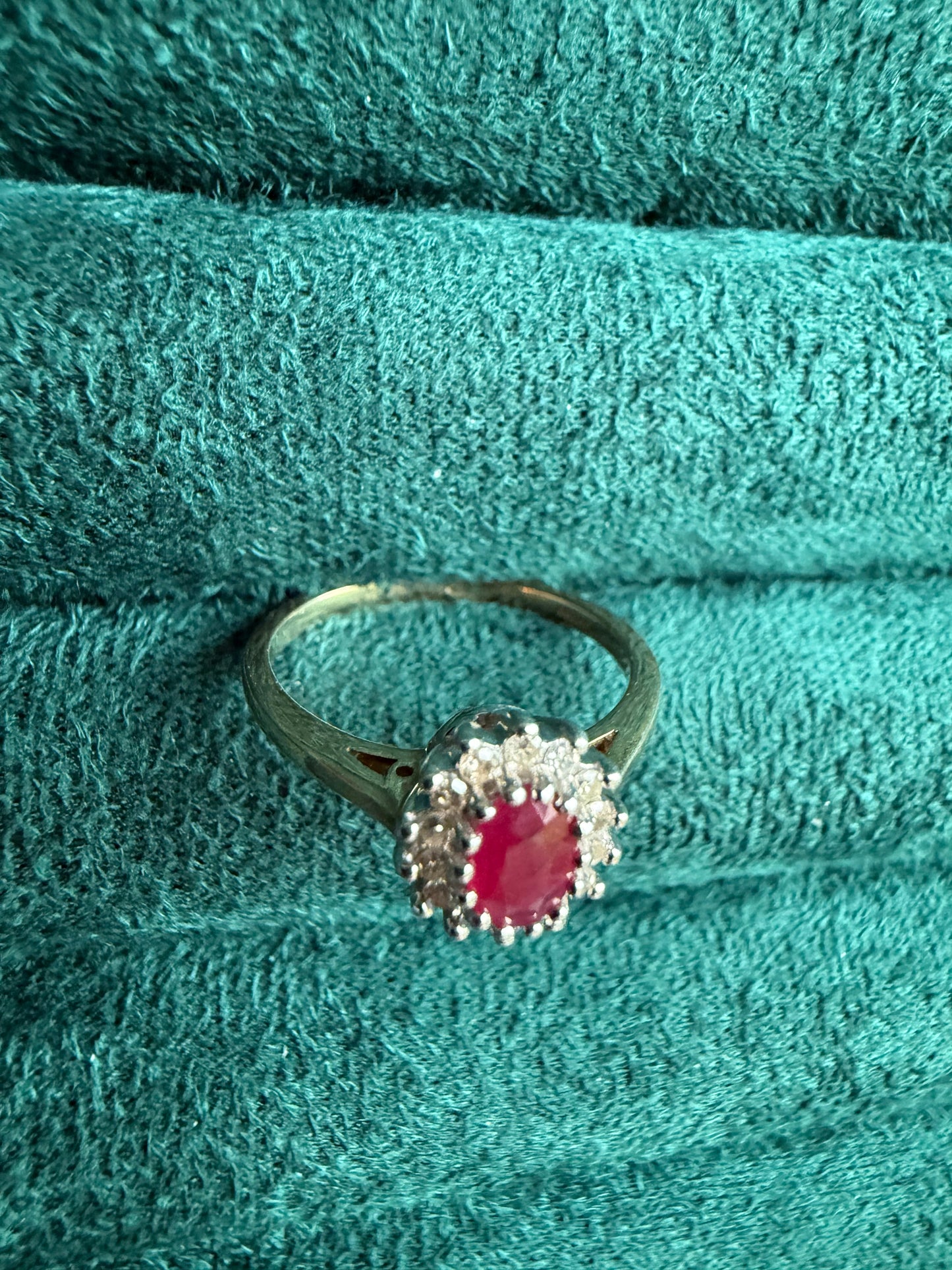 9ct gold ruby and diamond halo ring