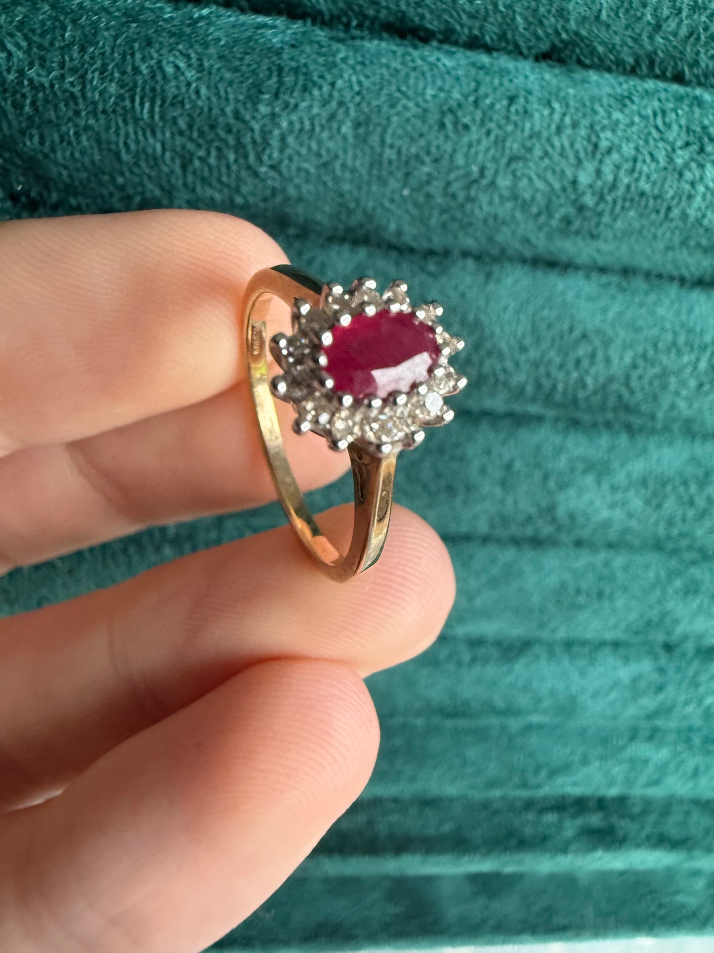 9ct gold ruby and diamond halo ring
