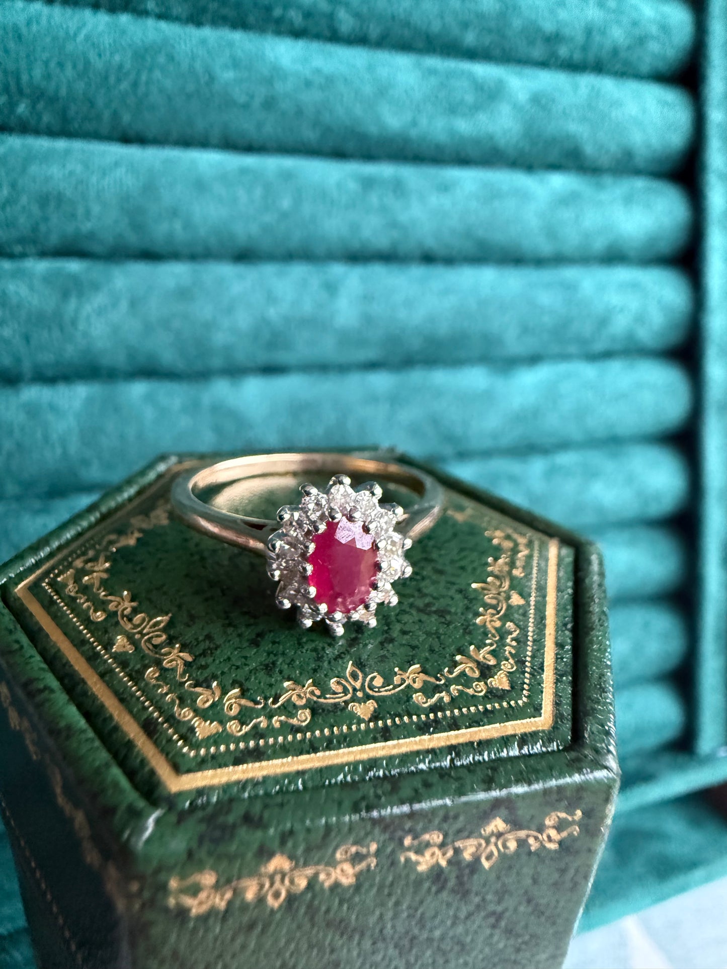 9ct gold ruby and diamond halo ring