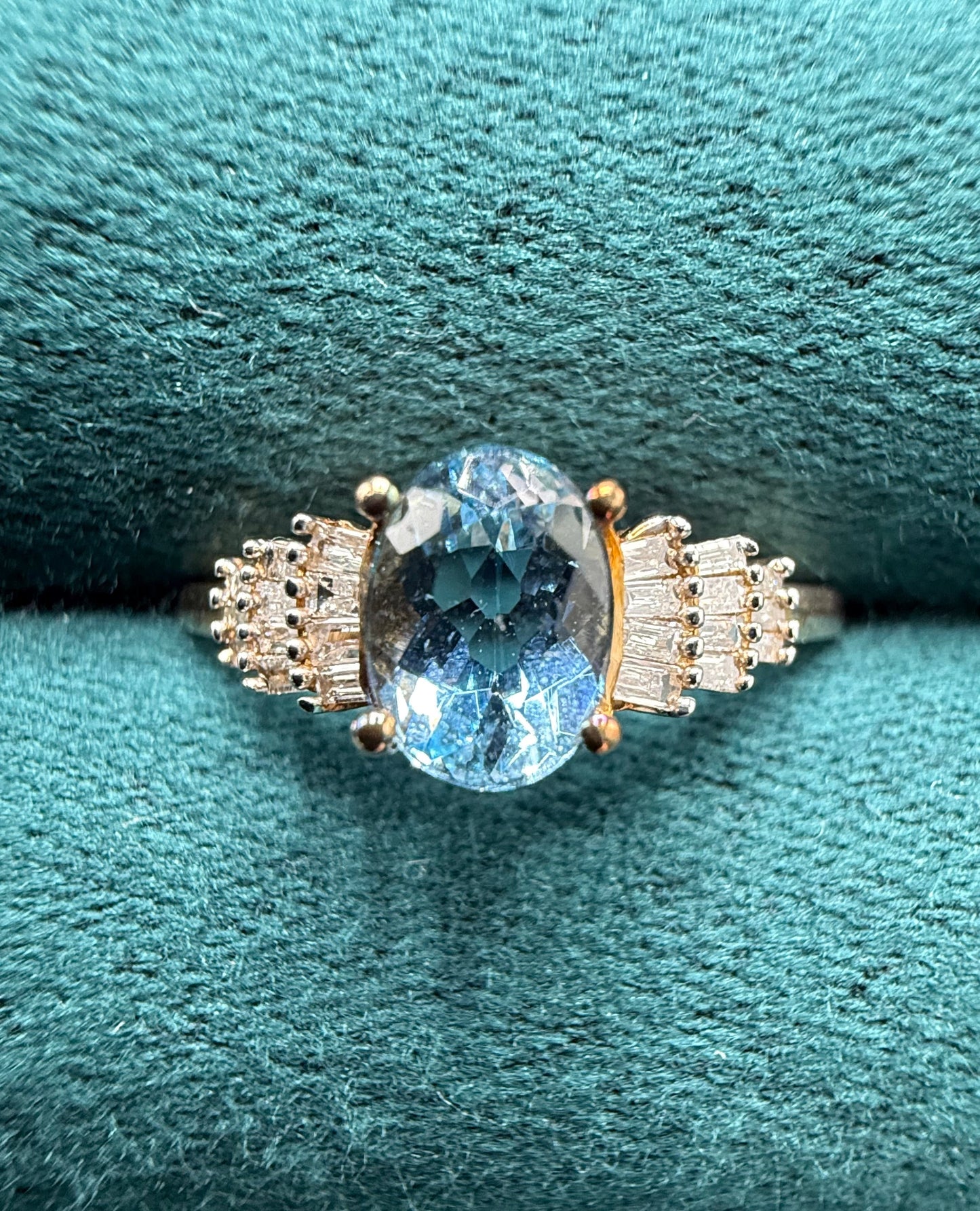 9ct gold topaz and baguette cut diamond ring