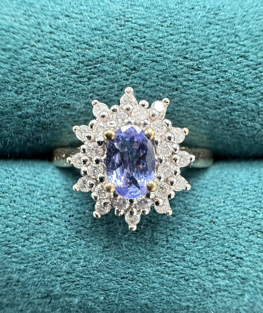 9ct gold tanzanite and diamond cluster ring