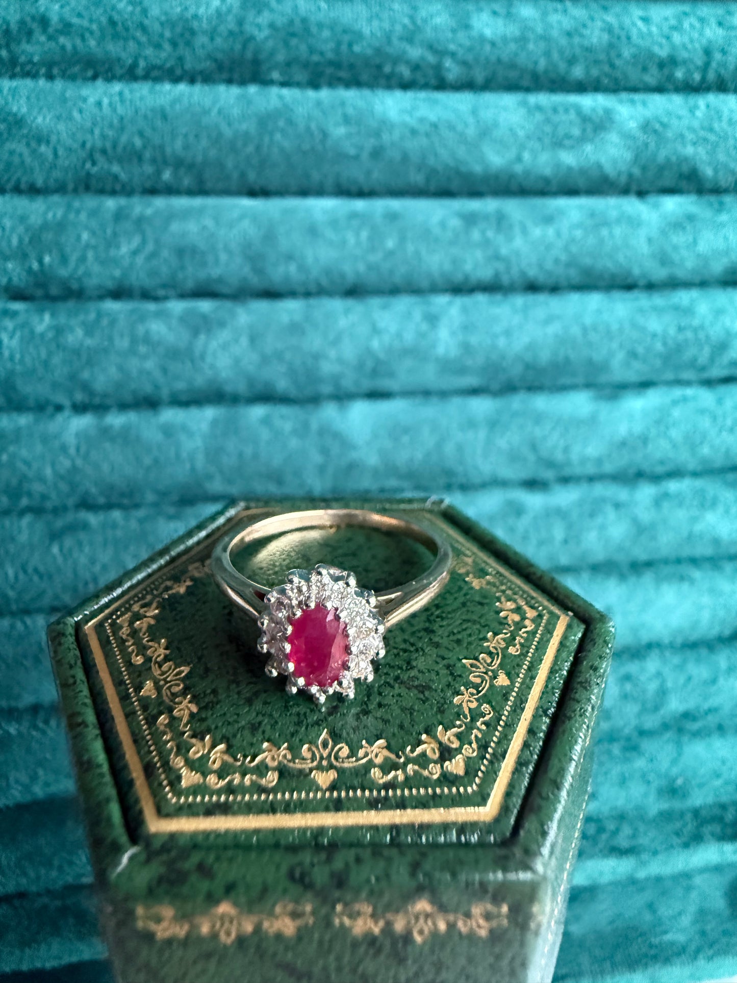 9ct gold ruby and diamond halo ring