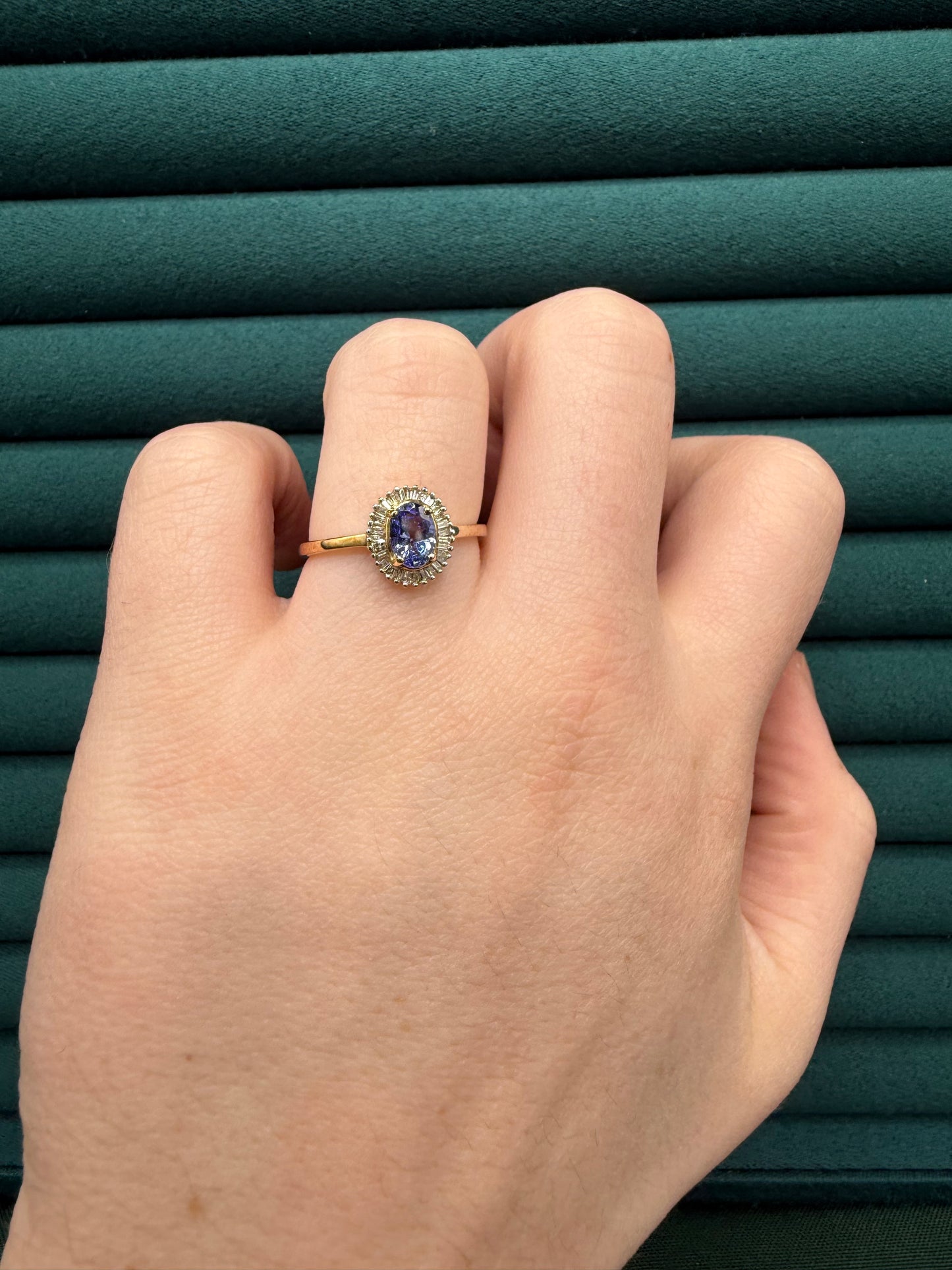 9ct gold tanzanite and baguette cut diamond ring