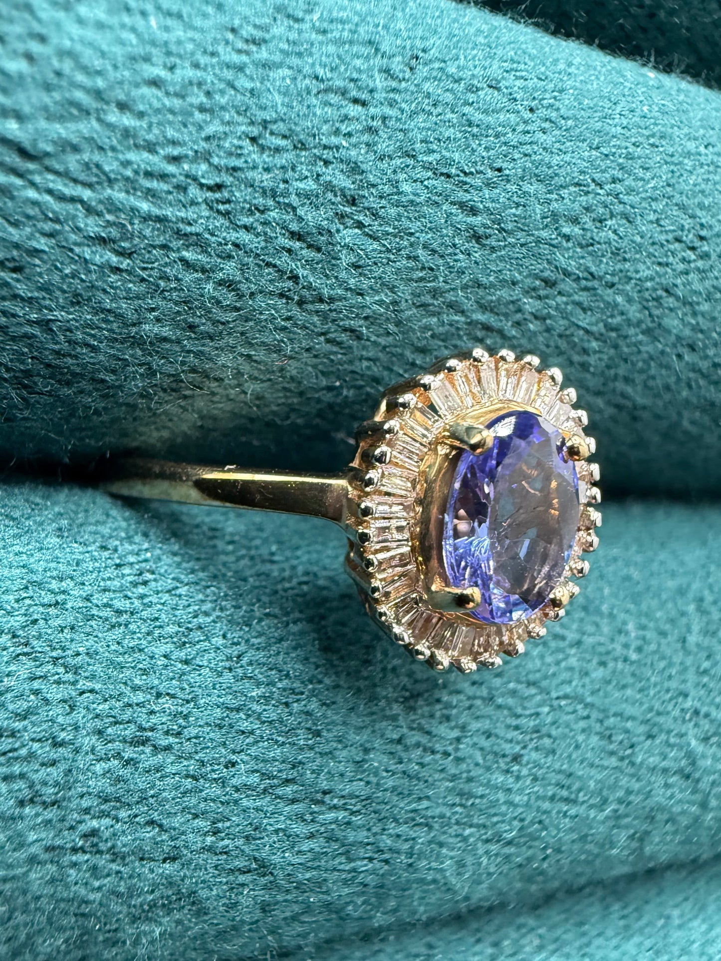 9ct gold tanzanite and baguette cut diamond ring