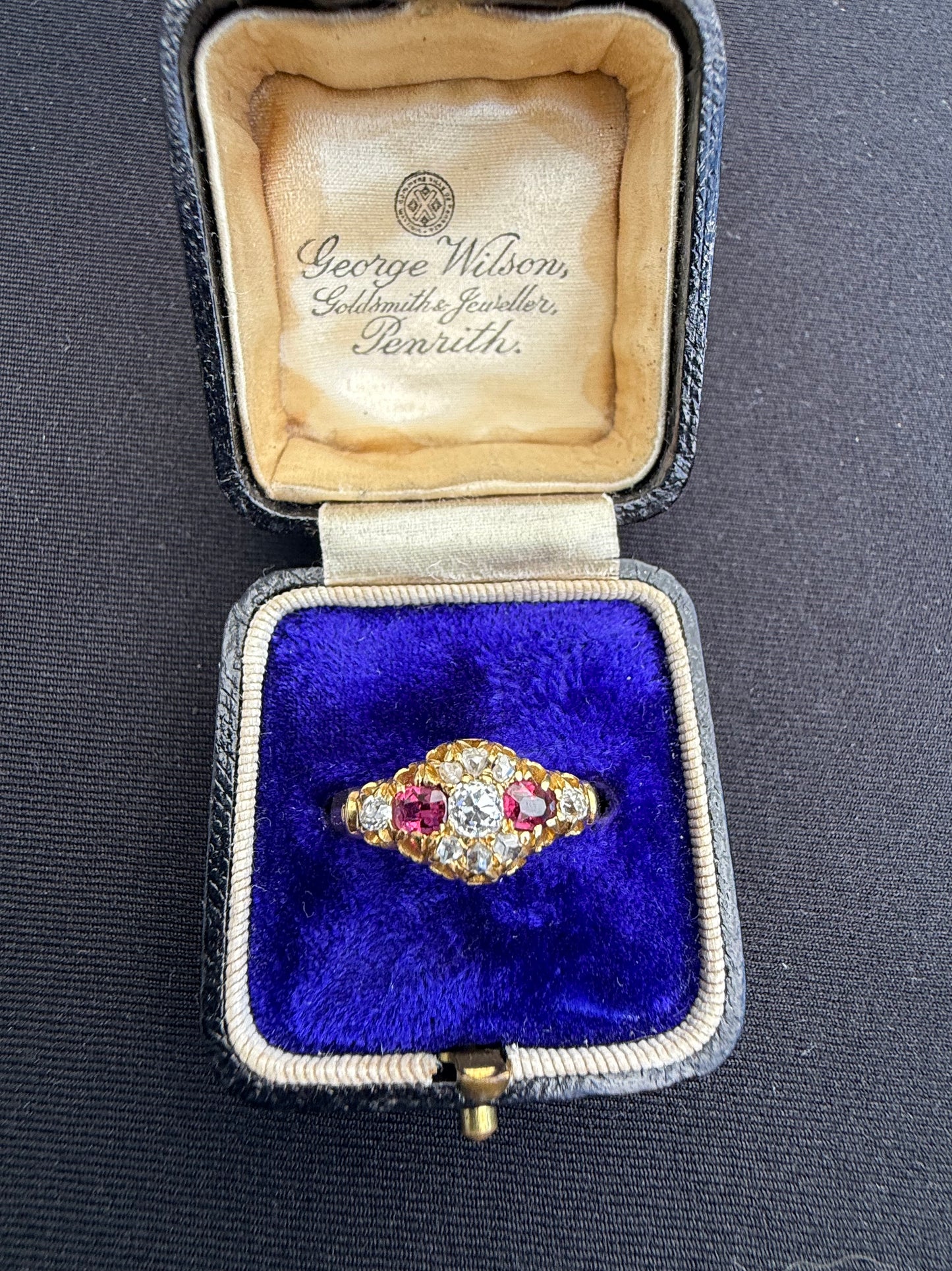 18ct gold antique ruby and old cut diamond boat ring